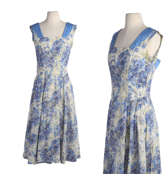 50s Women Floral Print Blue Summer Dress