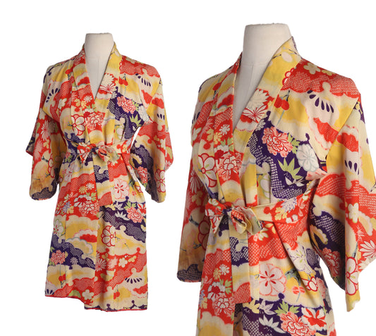 Vintage Red Kimono Robe with Floral Print Pattern