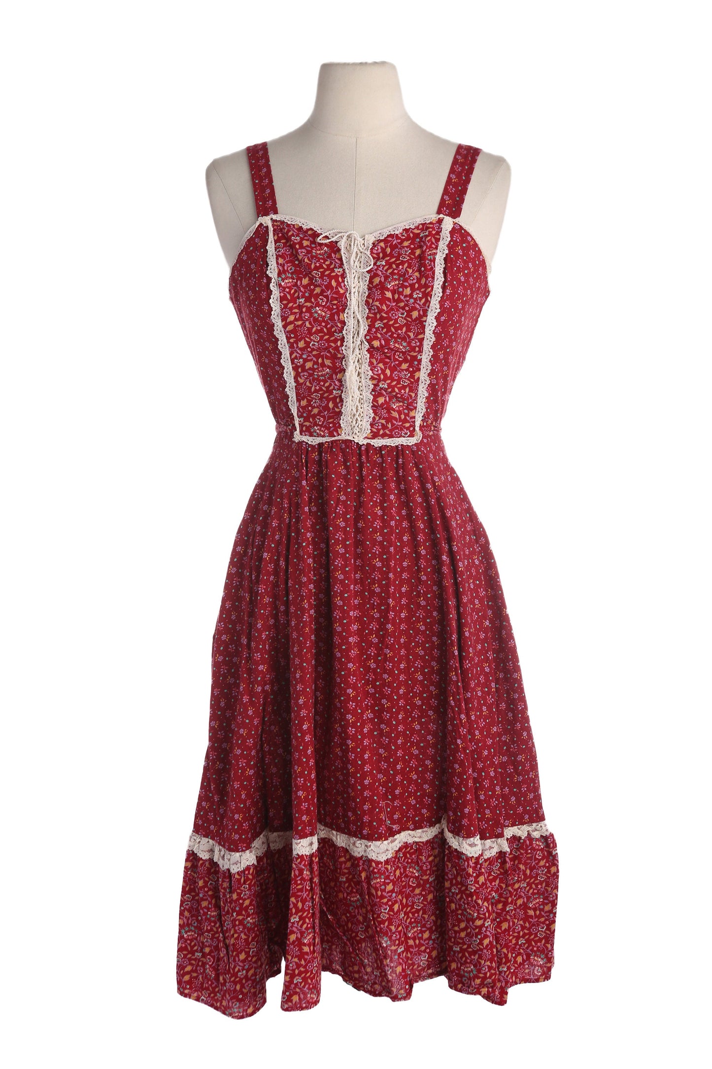 Vintage Women's Red Floral Print Prairie Cotton Dress - Estimated Era 1970's - 1980's