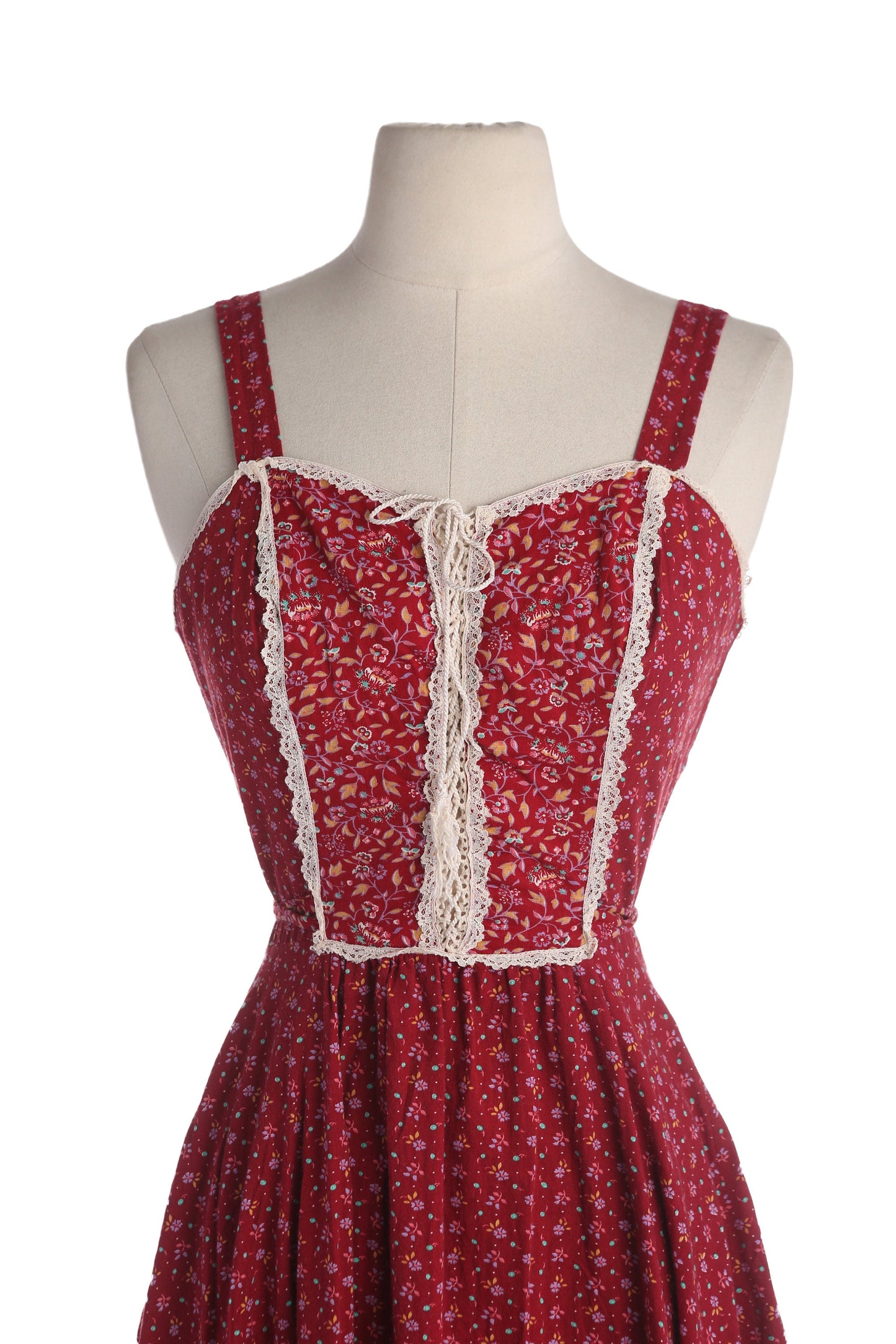 Vintage Women's Red Floral Print Prairie Cotton Dress - Estimated Era 1970's - 1980's