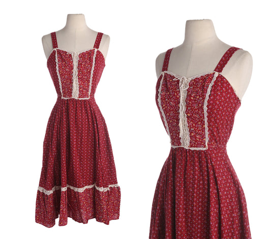 Vintage Women's Red Floral Print Prairie Cotton Dress - Estimated Era 1970's - 1980's