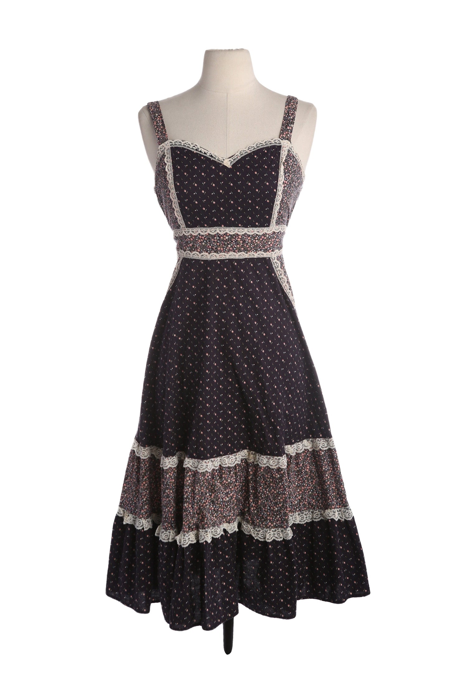 Vintage Black Floral Print Prairie Sleeveless Summer Dress - Estimated Era 1970's - 1980's