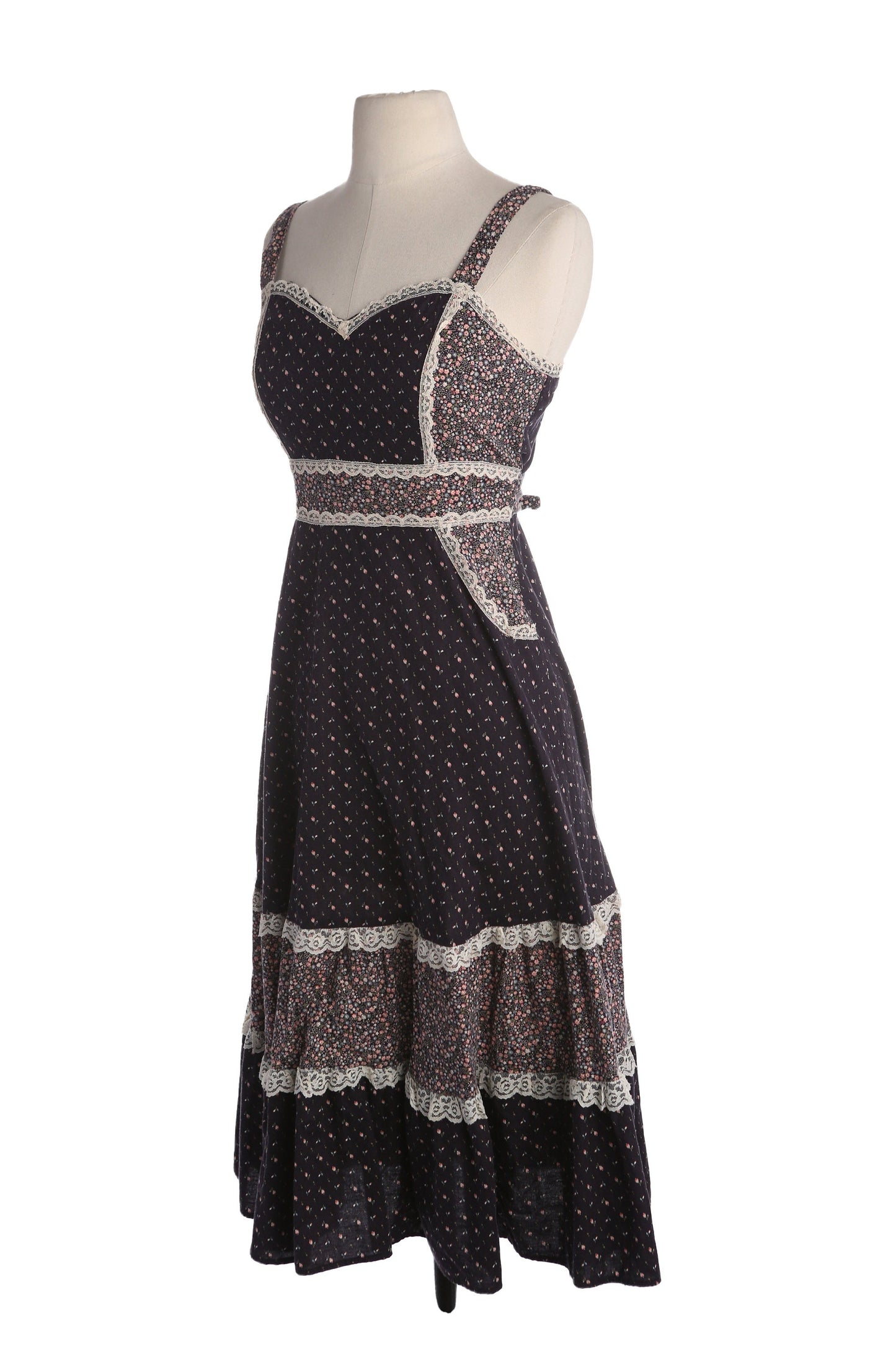 Vintage Black Floral Print Prairie Sleeveless Summer Dress - Estimated Era 1970's - 1980's