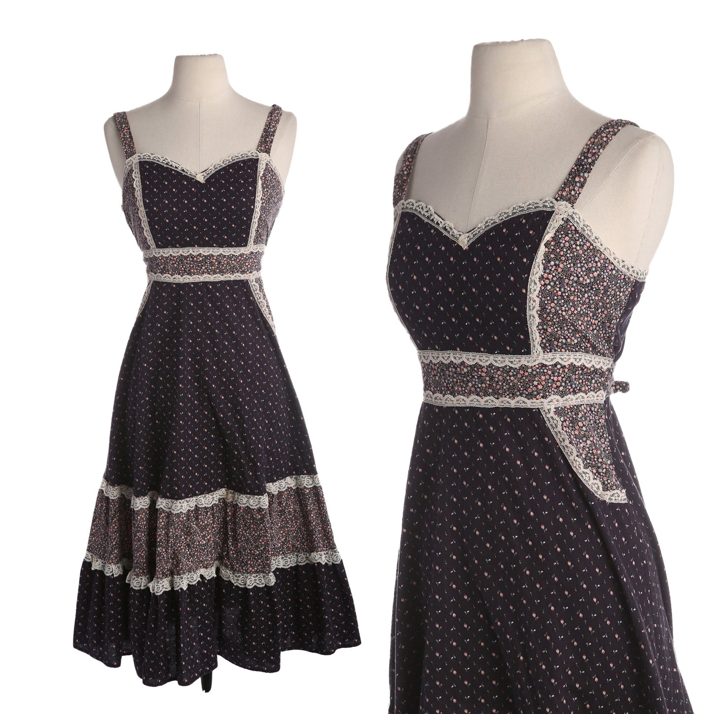 Vintage Black Floral Print Prairie Sleeveless Summer Dress - Estimated Era 1970's - 1980's