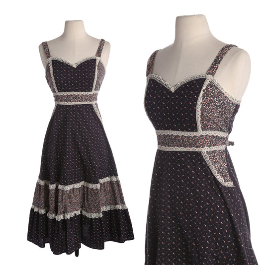 Vintage Black Floral Print Prairie Sleeveless Summer Dress - Estimated Era 1970's - 1980's