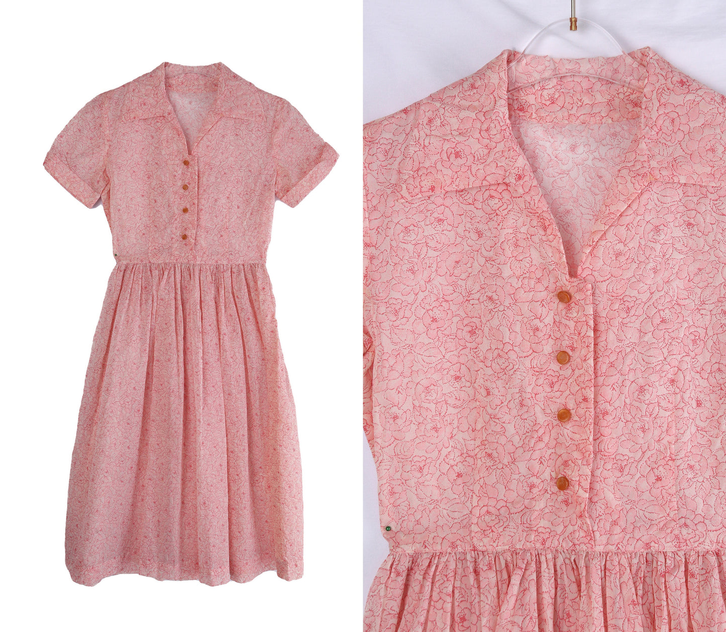 50's Women Floral Print Pink Short Sleeve casual/Summer Dress