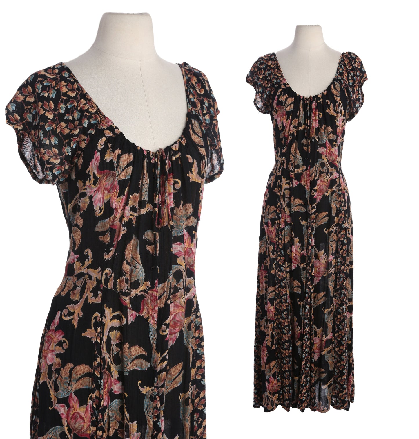 90s Floral Print Black Rayon Short sleeve Summer Dress