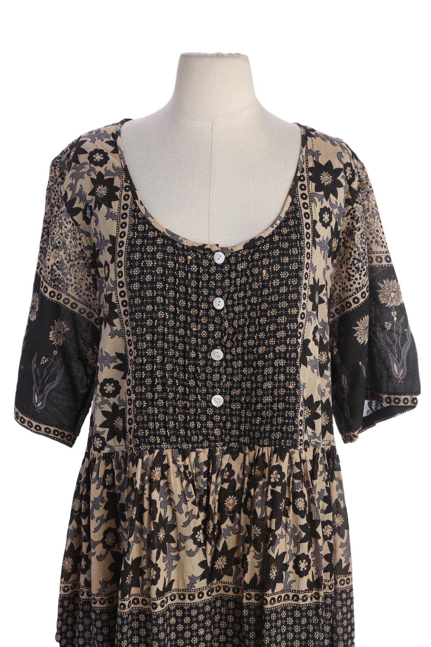 90s Women Black Floral Print Mumu Short Sleeve Dress by La Cera - Made in India