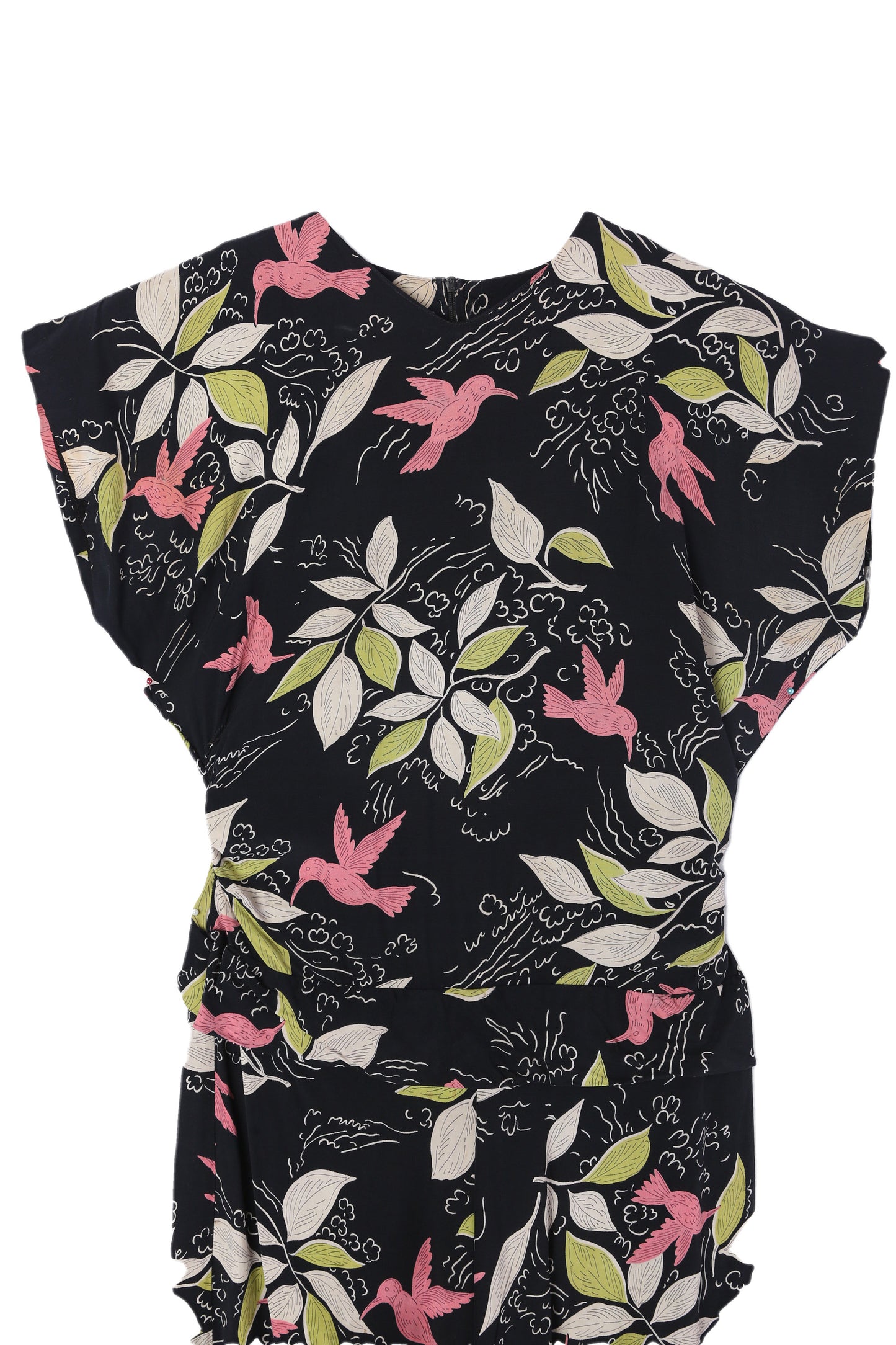 90s Women Bird and Plants Print Black Casual Dress - 1940s Style and Design