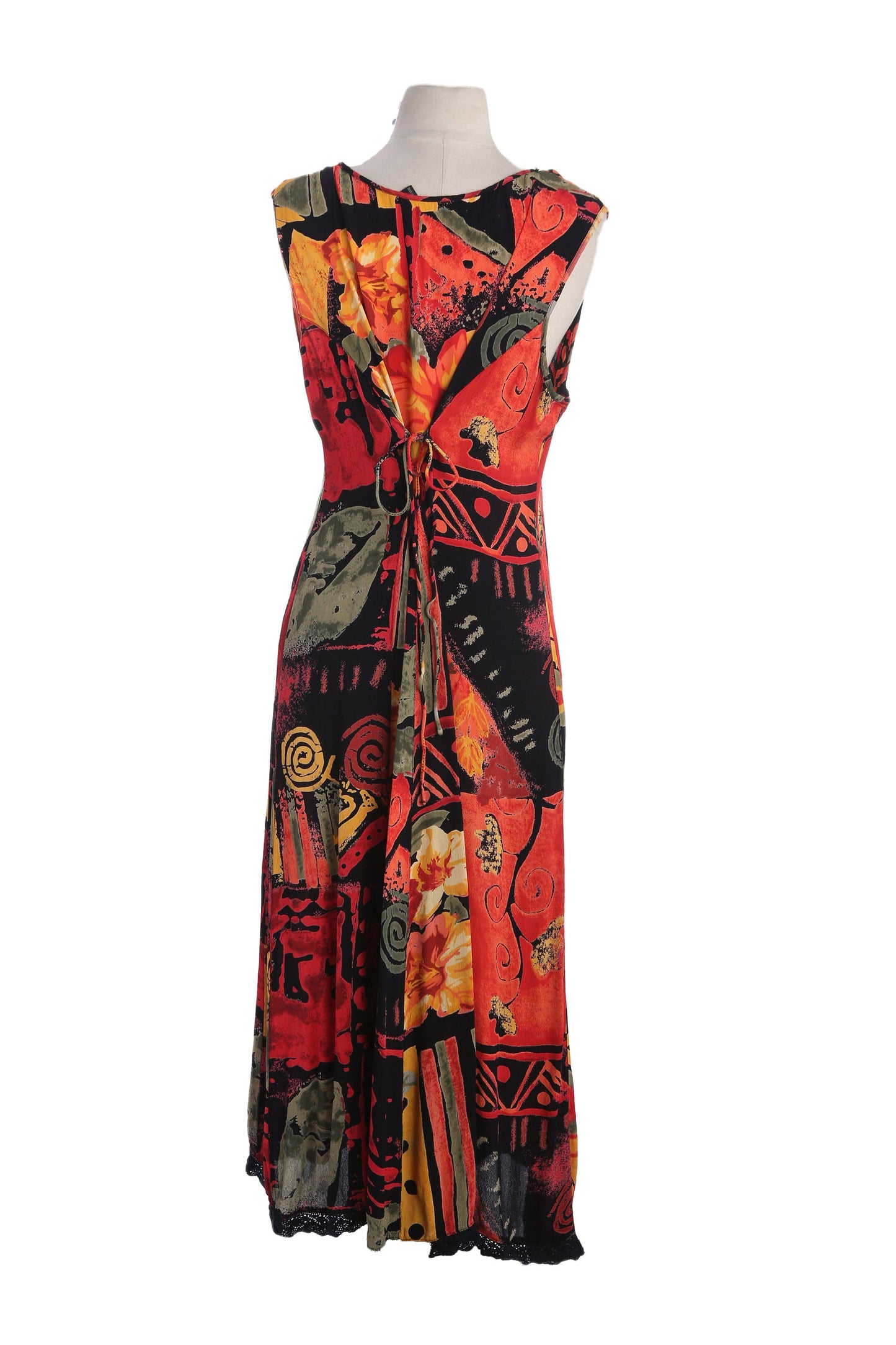 90s Women Red Floral Print Long Black Summer Dress by Lola P. - Made in India