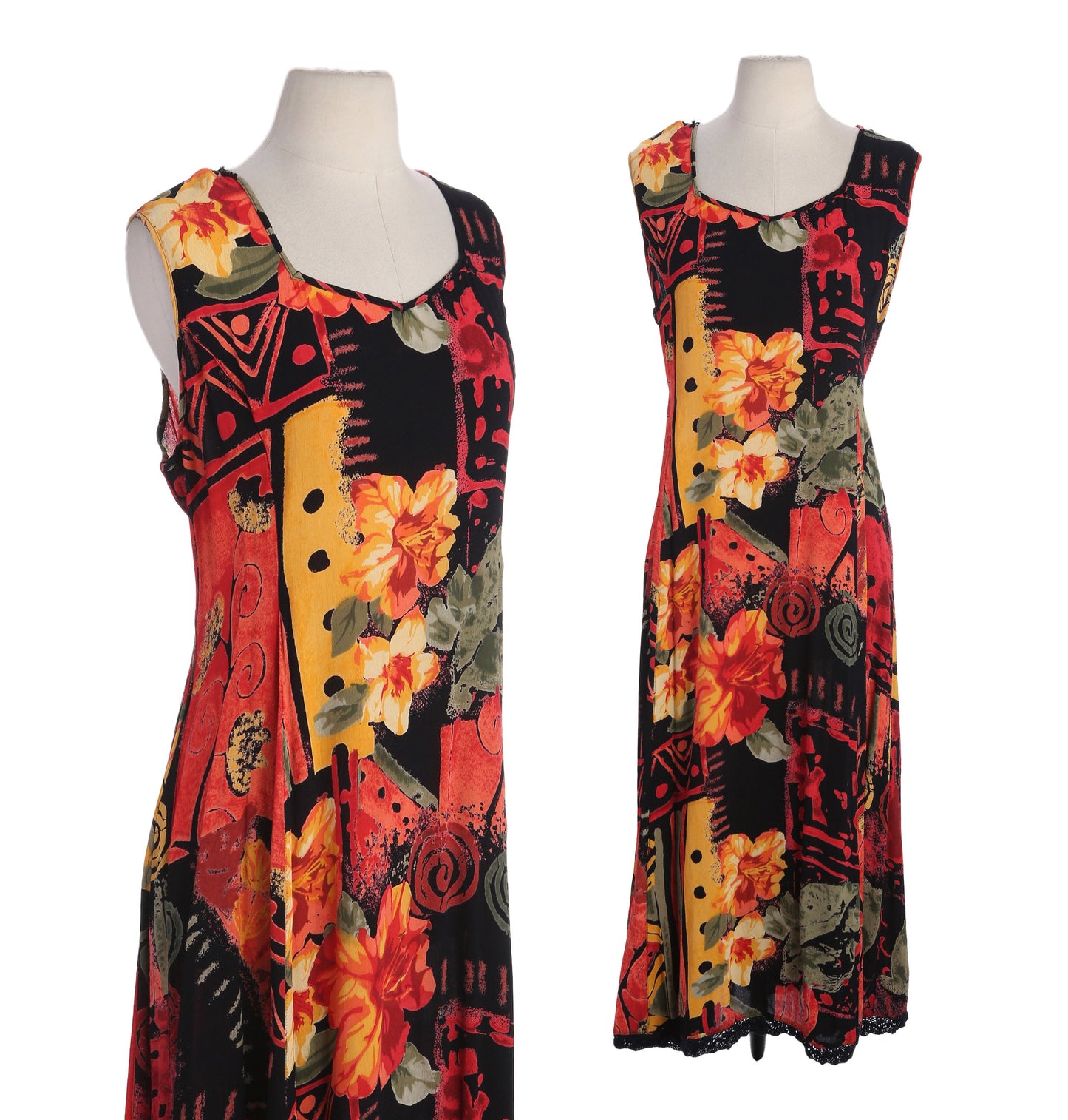 90s Women Red Floral Print Long Black Summer Dress by Lola P. - Made in India