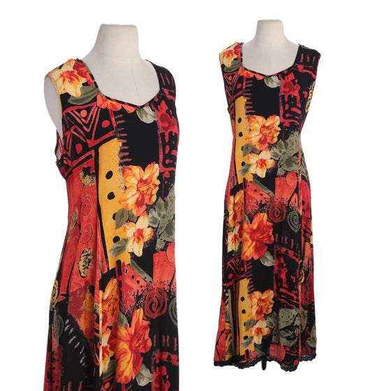 90s Women Red Floral Print Long Black Summer Dress by Lola P. - Made in India