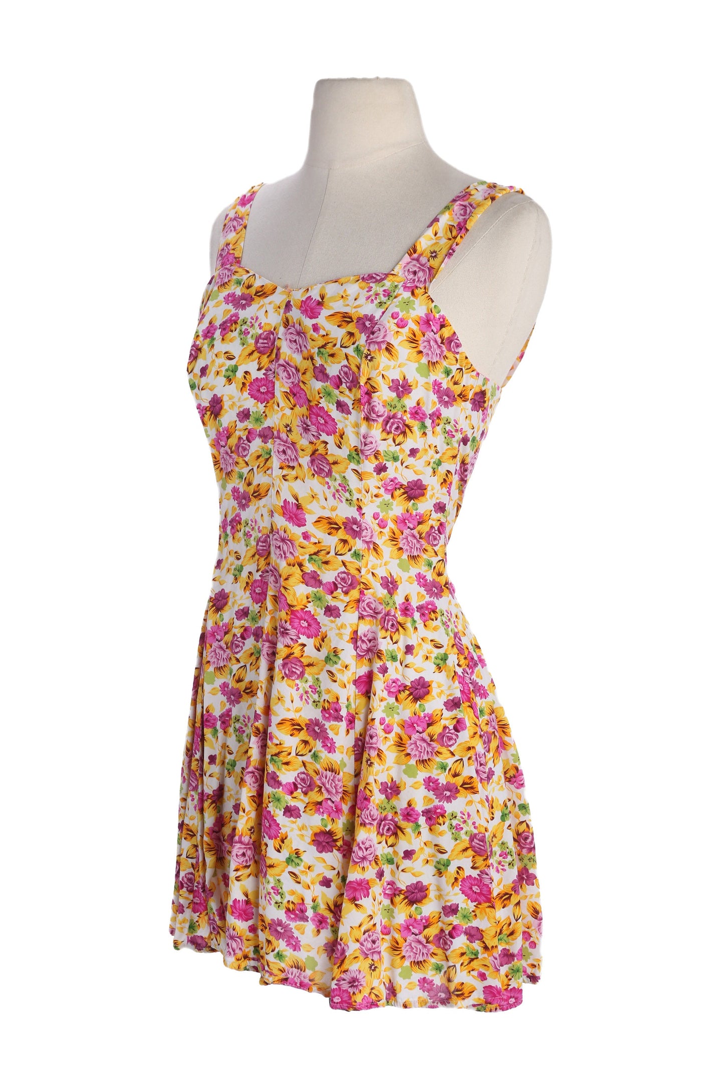 90s Women White Floral Print Sleeveless Summer Dress