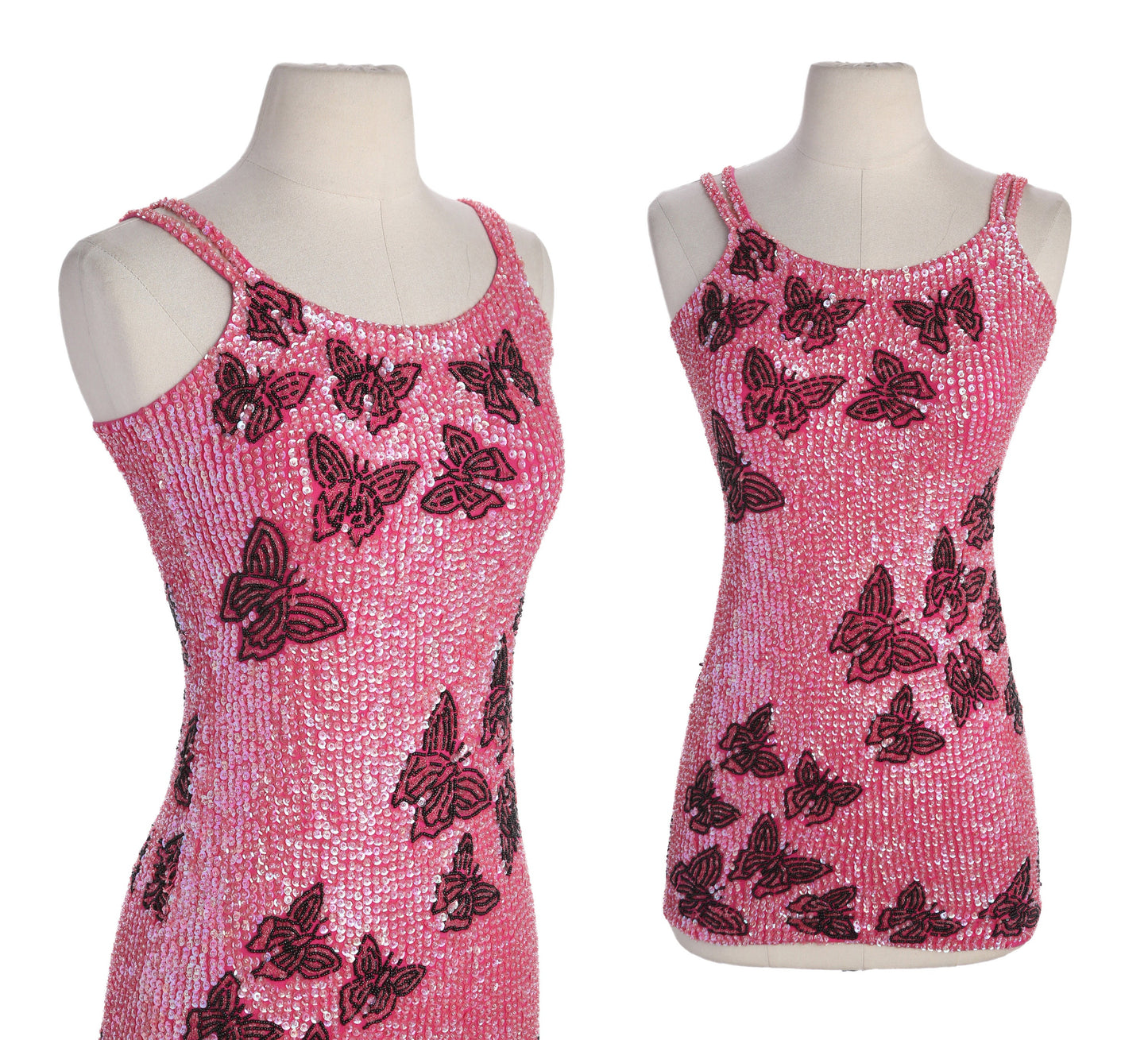 Women Pink Sequin Dress with Butterfly Designs by Little Attitudes - Estimated Era 1980's - 1990's