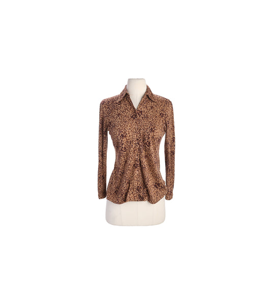 70s Women Brown Animal Print Polyester Blouse