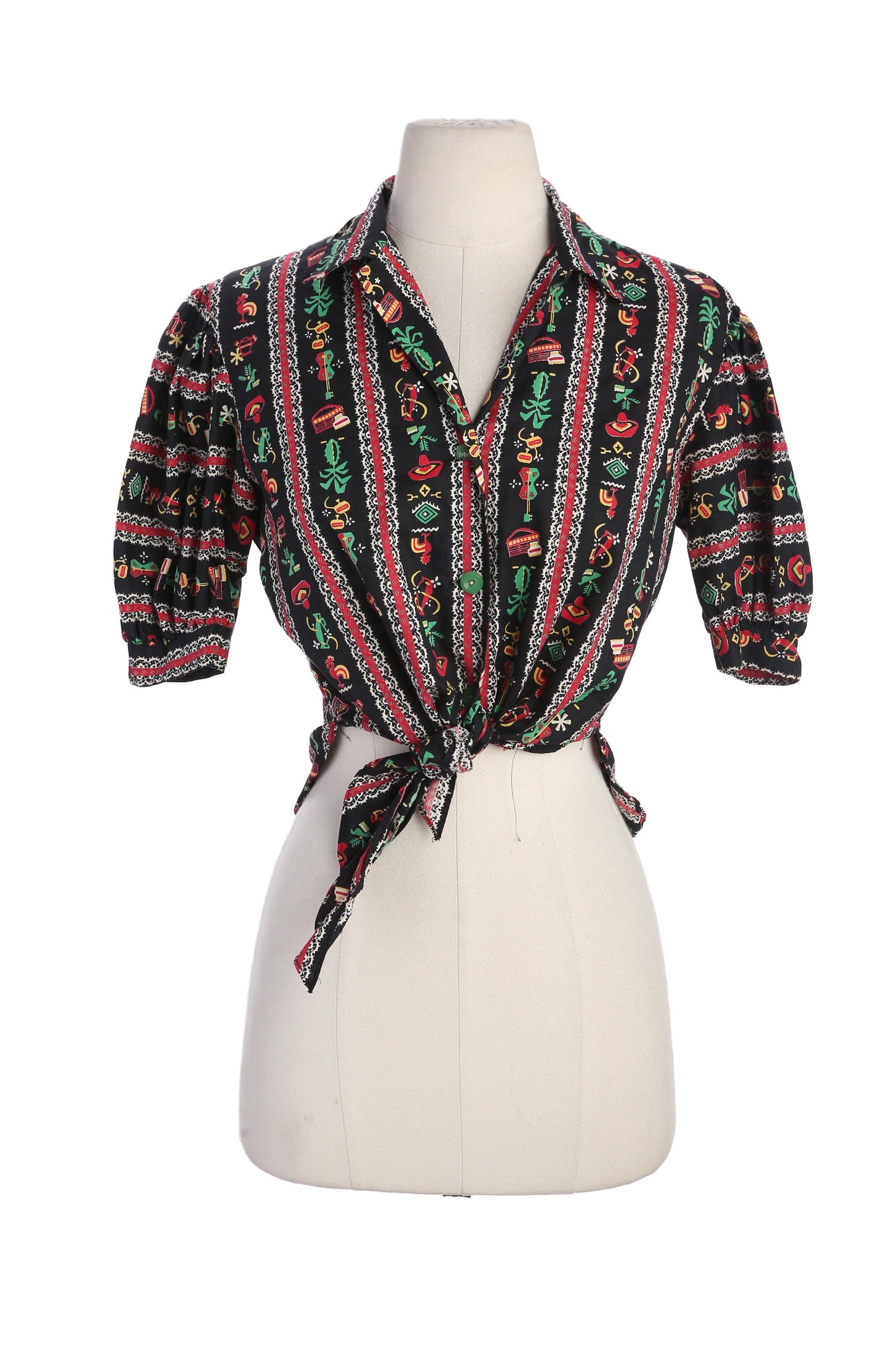Vintage Women Cotton Short Sleeve Mexican Fiesta Print Button Up Blouse - Estimated Era 1940s - 1950s