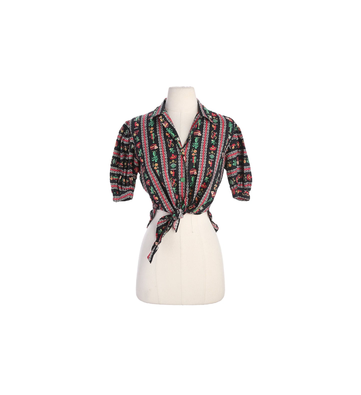 Vintage Women Cotton Short Sleeve Mexican Fiesta Print Button Up Blouse - Estimated Era 1940s - 1950s