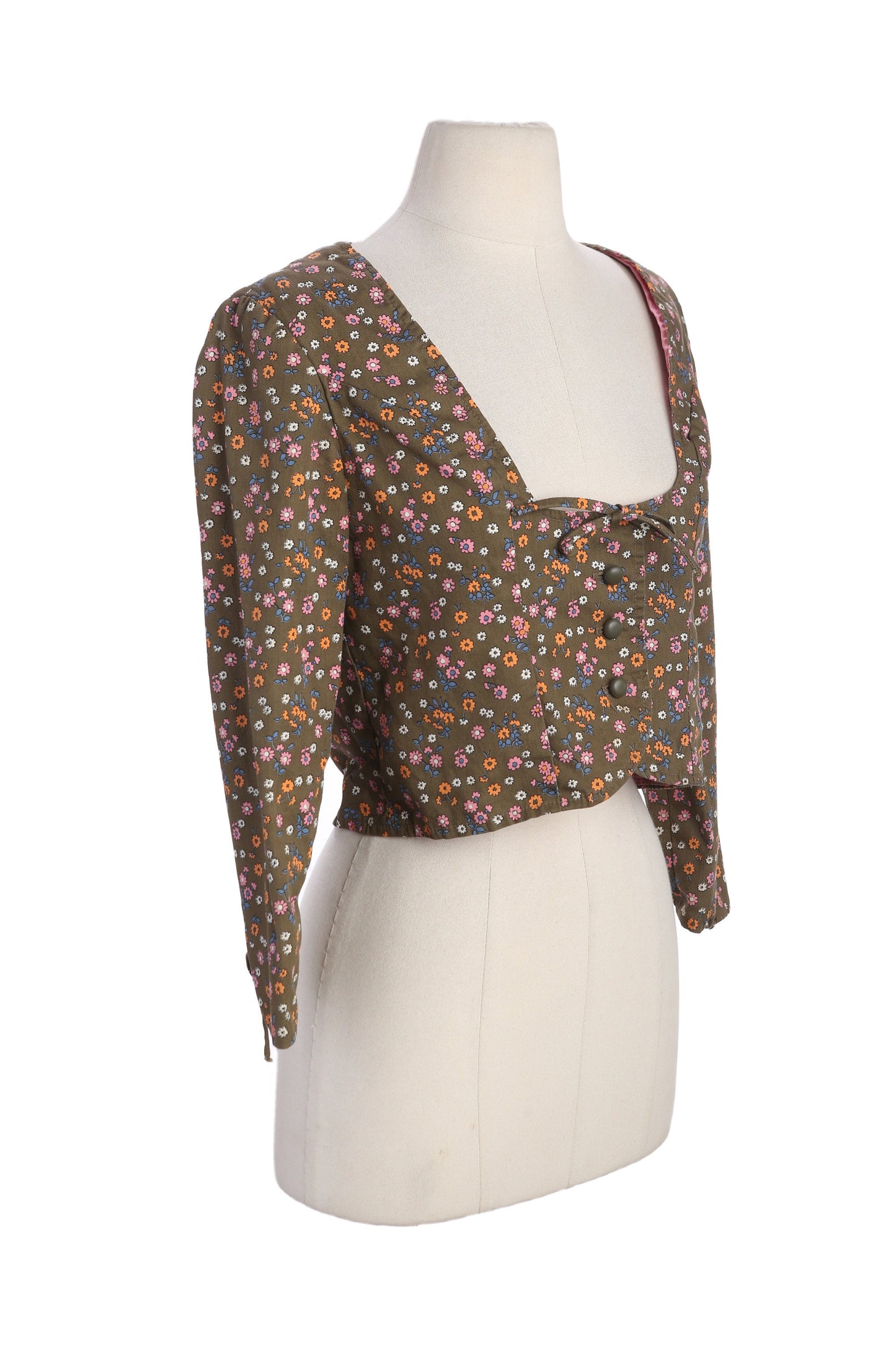 Vintage Women Floral Print Brown Longs Sleeve Top by Garey Petite Juniors - Est Era 60s - 70s