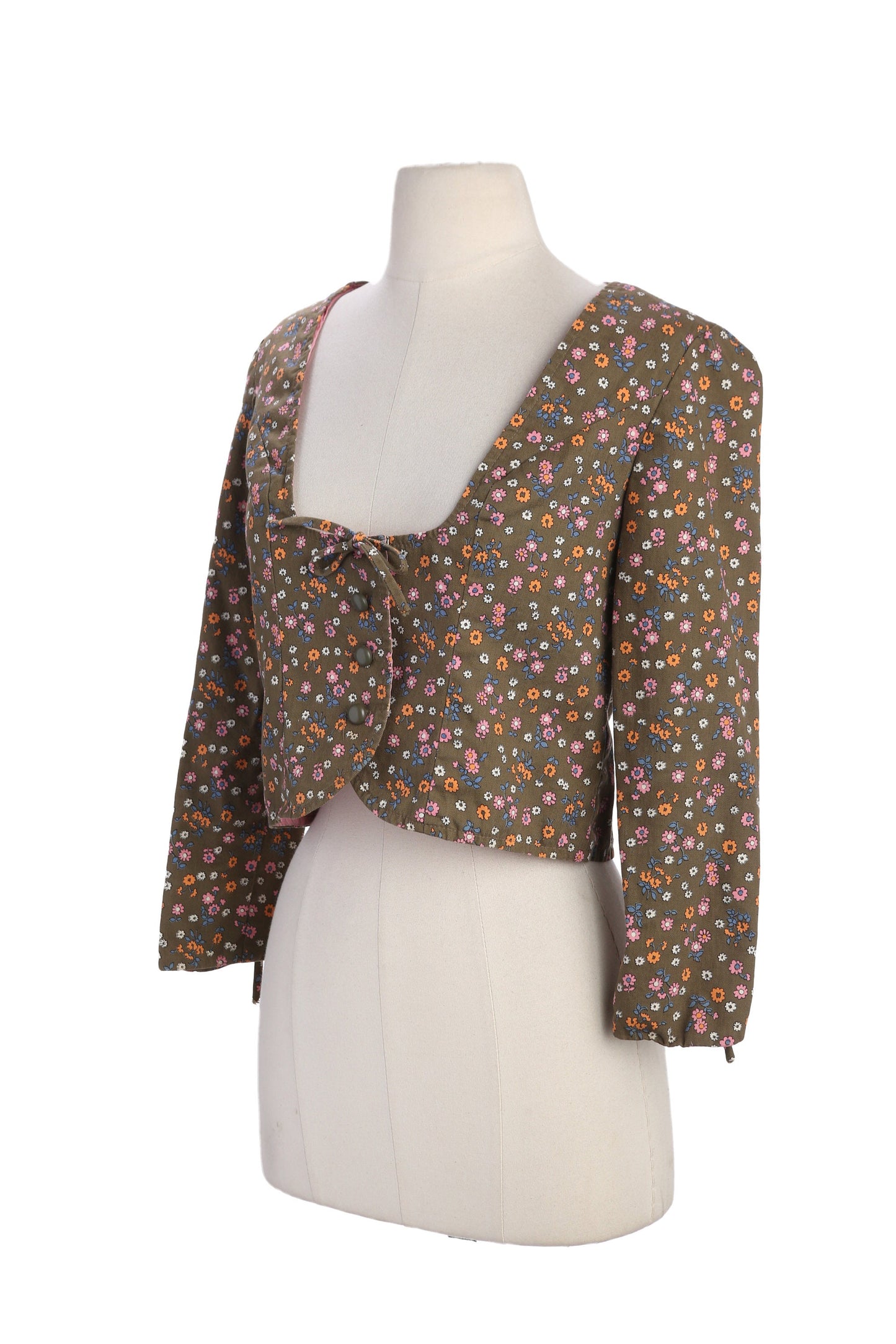 Vintage Women Floral Print Brown Longs Sleeve Top by Garey Petite Juniors - Est Era 60s - 70s