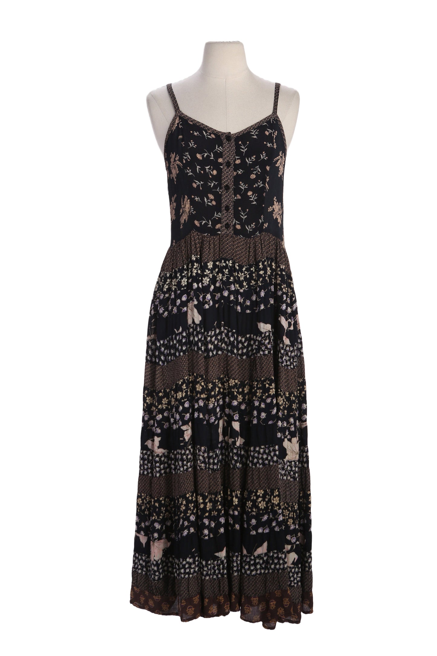 90s Women Black Floral Print Sleeveless Maxi Summer Rayon Dress - Made in India by Her Style