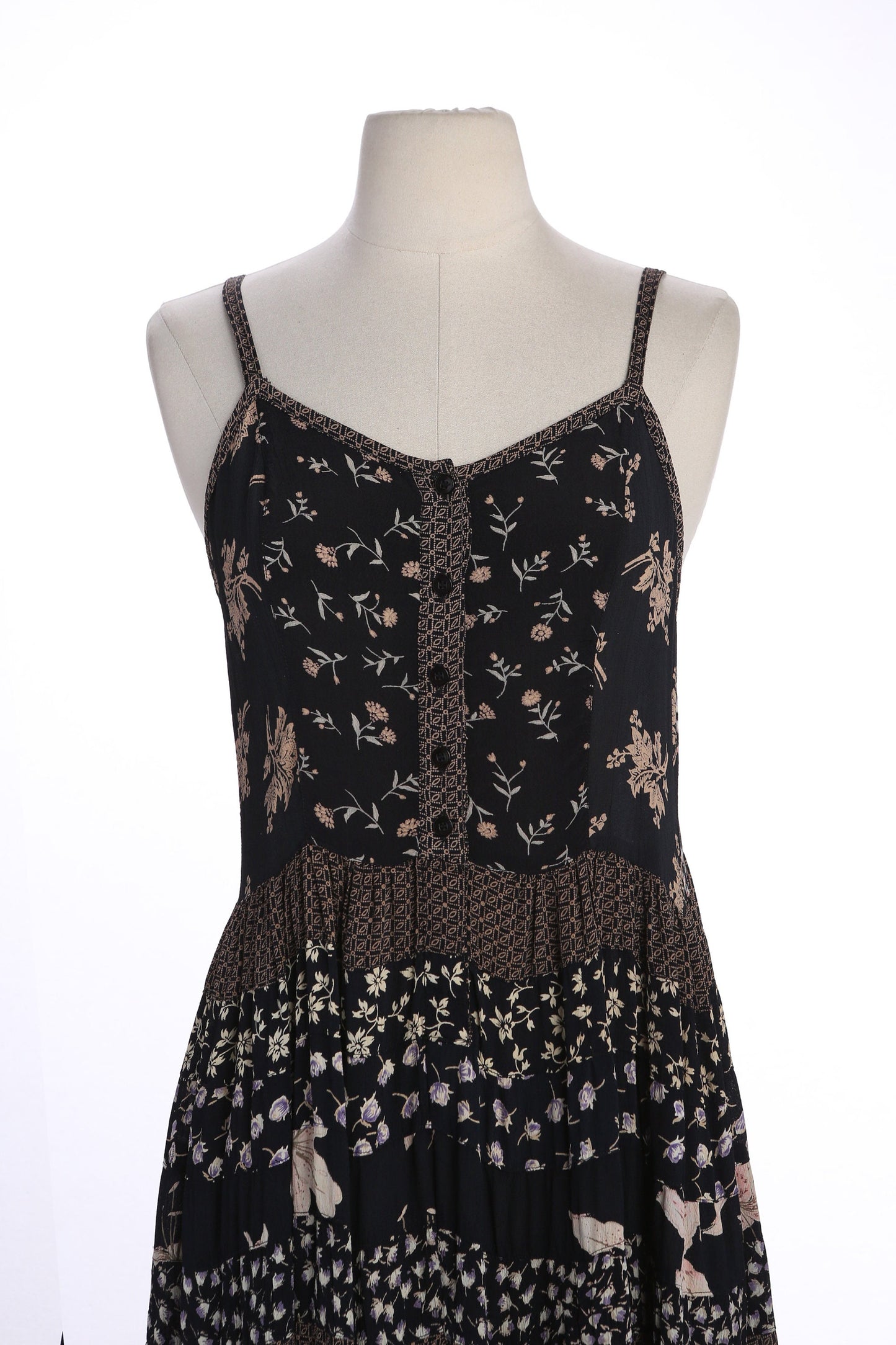 90s Women Black Floral Print Sleeveless Maxi Summer Rayon Dress - Made in India by Her Style