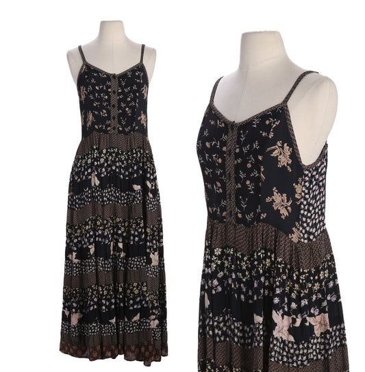 90s Women Black Floral Print Sleeveless Maxi Summer Rayon Dress - Made in India by Her Style