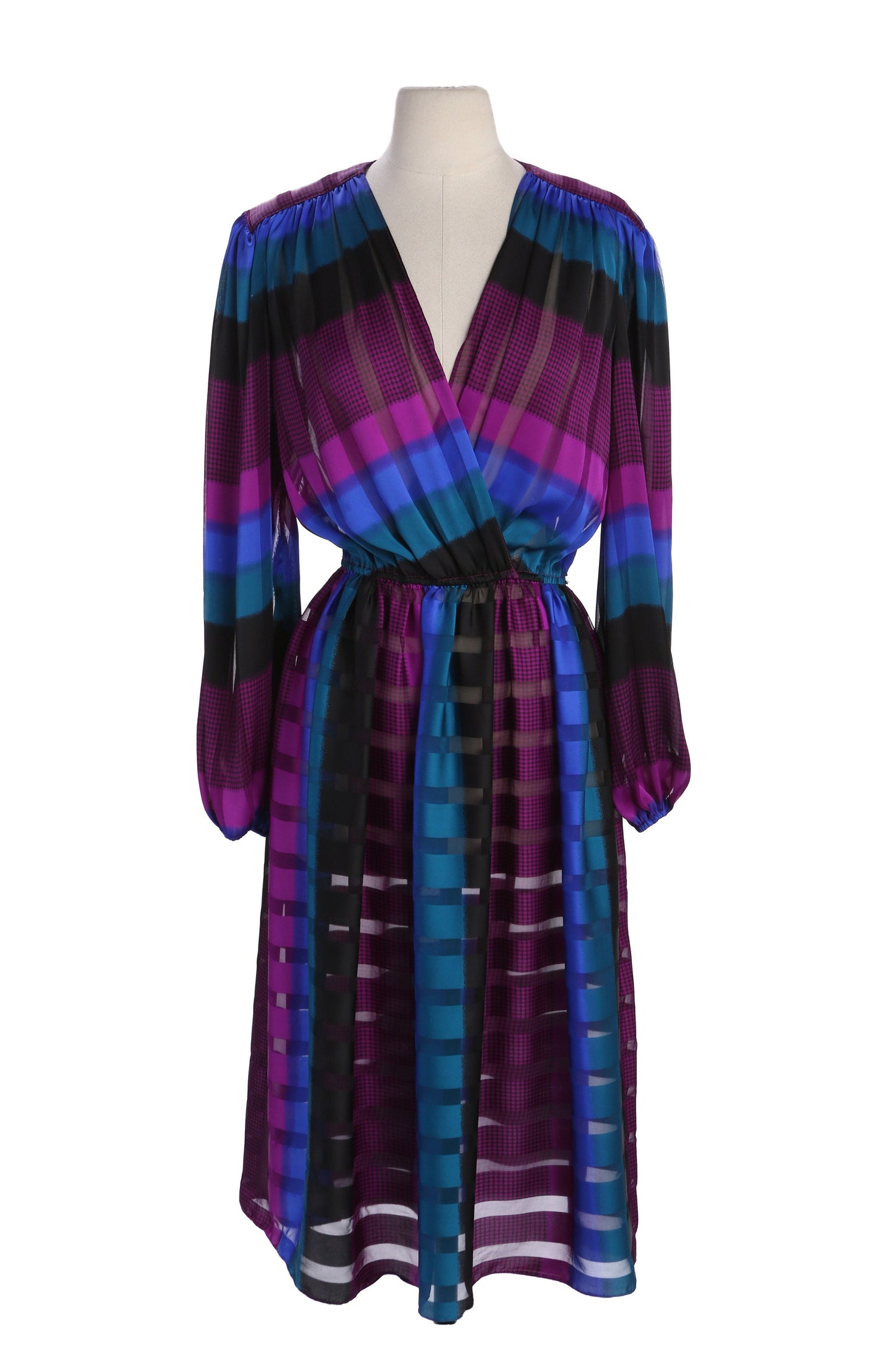 80s Women Evening Polyester Long Sleeve Multicolor Striped Pattern evening Dress