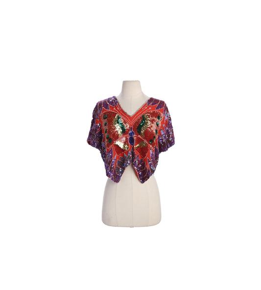 Vintage Women Butterfly Design Sequin Top - Made in India