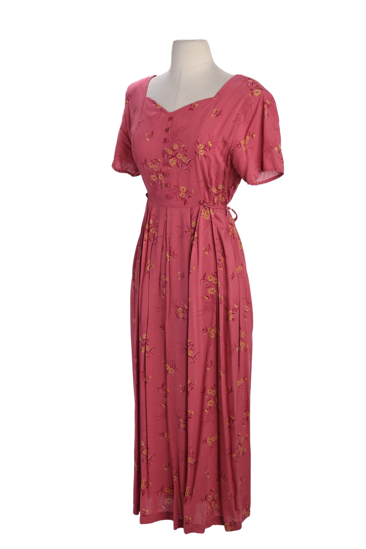 90s Women Red Floral Print Long Maxi Summer Rayon Dress with Waist Belt for  Multi-size Adjustment by Erika Studio