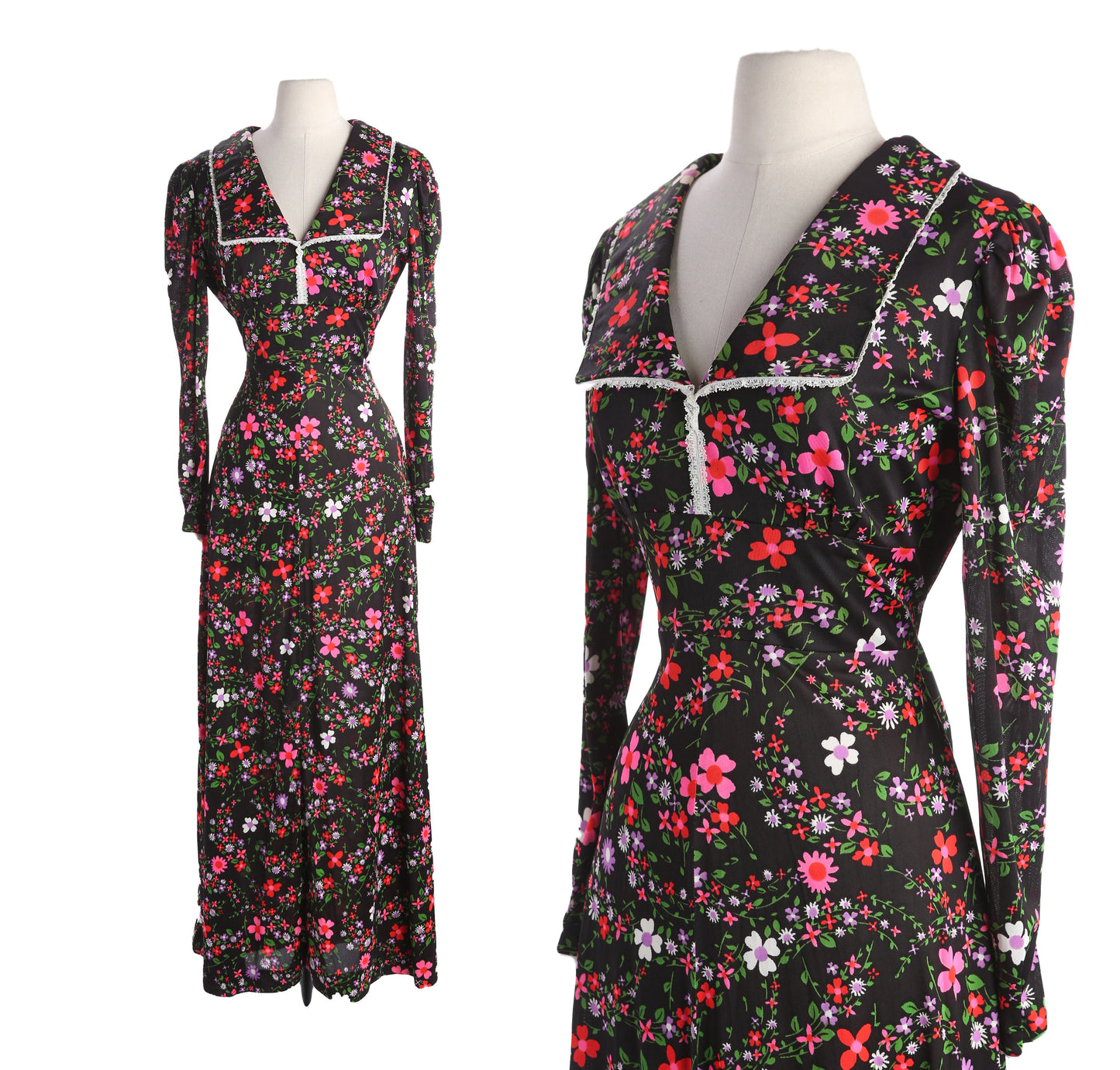 70s Floral Print Dress Long Sleeve with Squared Collar