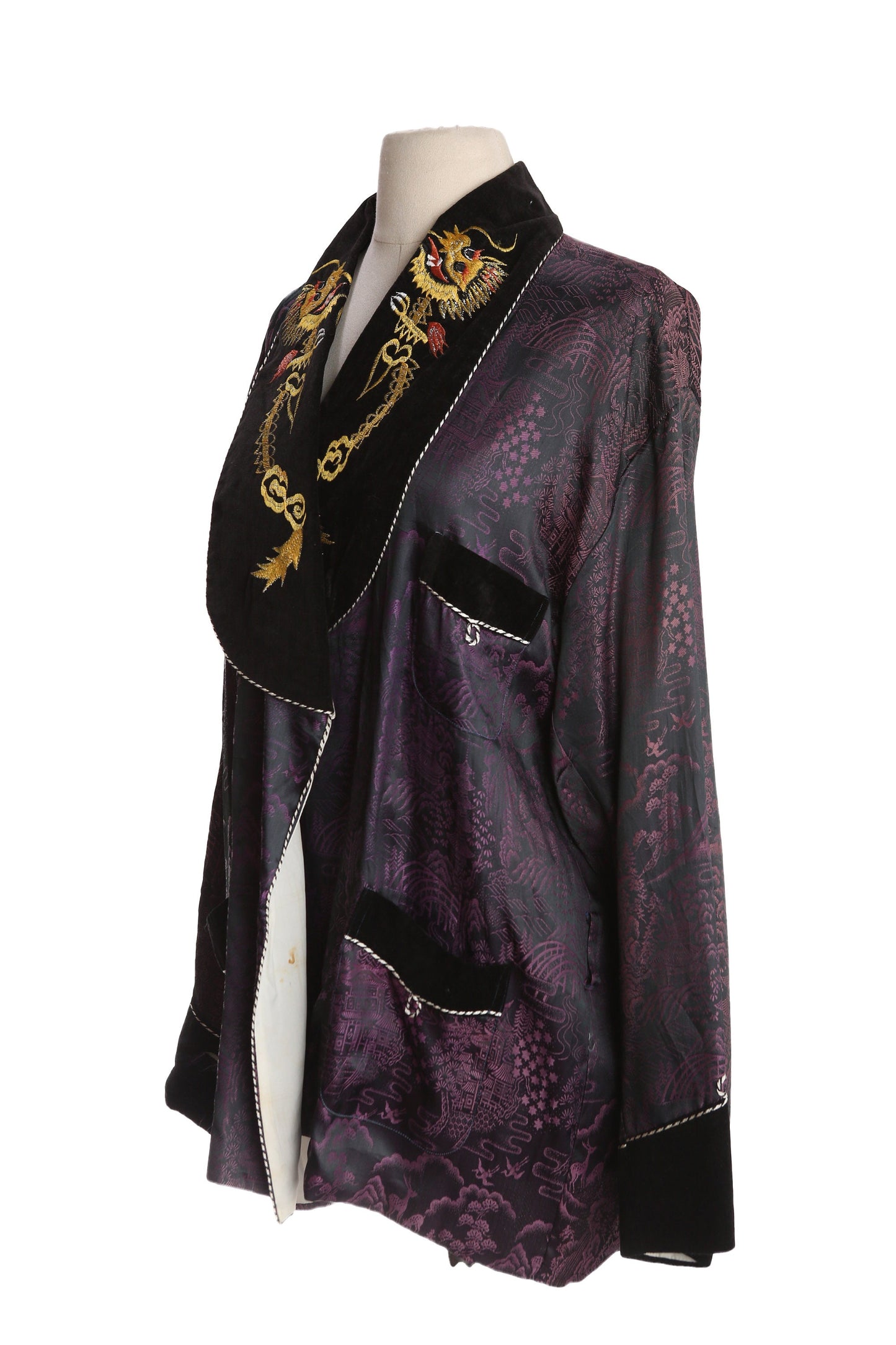 Vintage Men's Night Robe with Purple Brocade Pattern - Estimated Era 1950's - 1960's