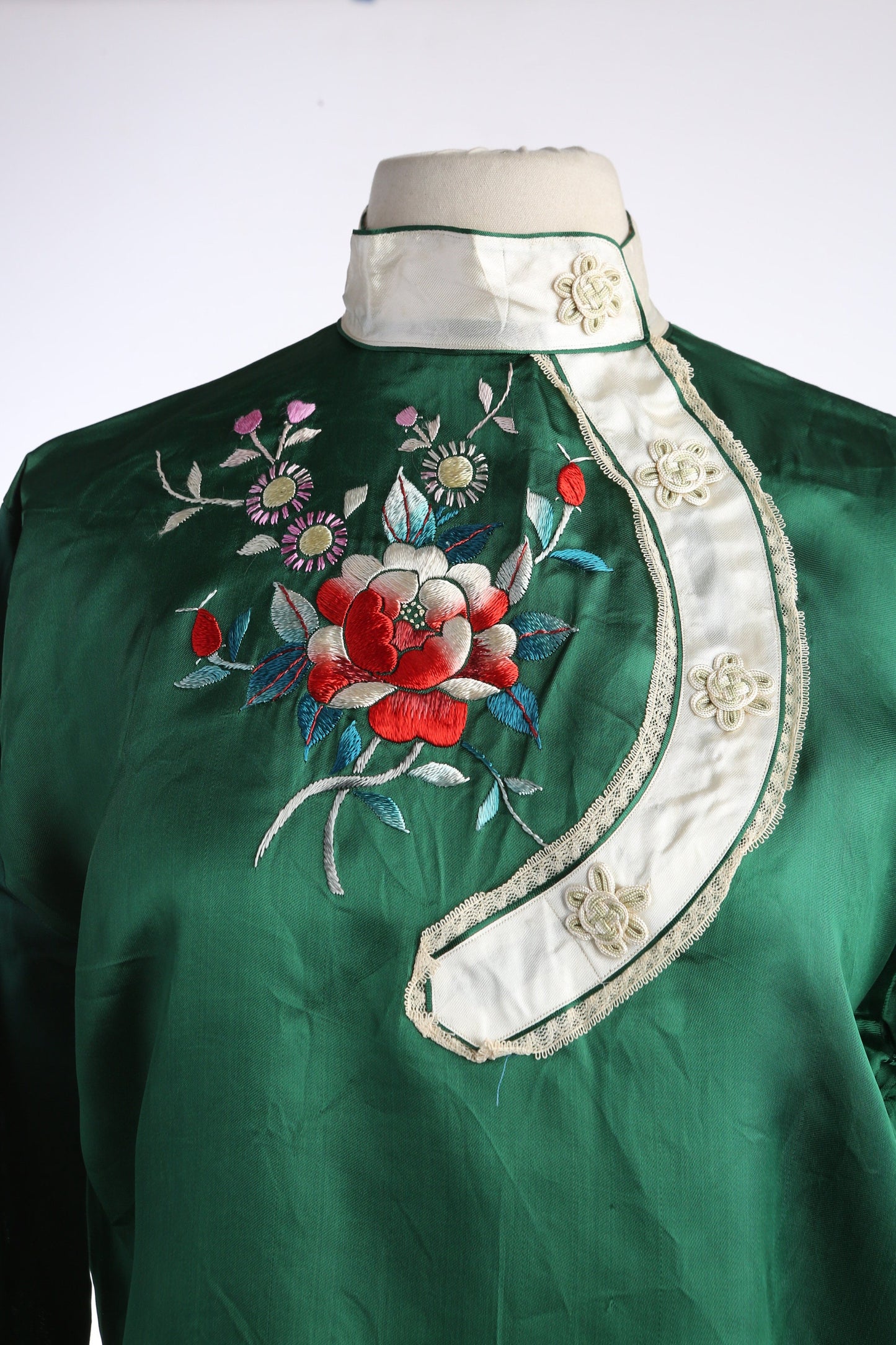 Vintage Women's Green Satin Cheongsam Blouse with Flower embroidered Design - Estimated Era 1960's - 1970's