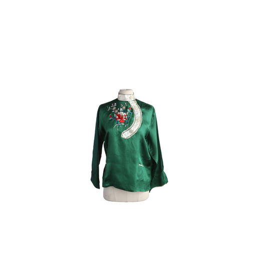 Vintage Women's Green Satin Cheongsam Blouse with Flower embroidered Design - Estimated Era 1960's - 1970's