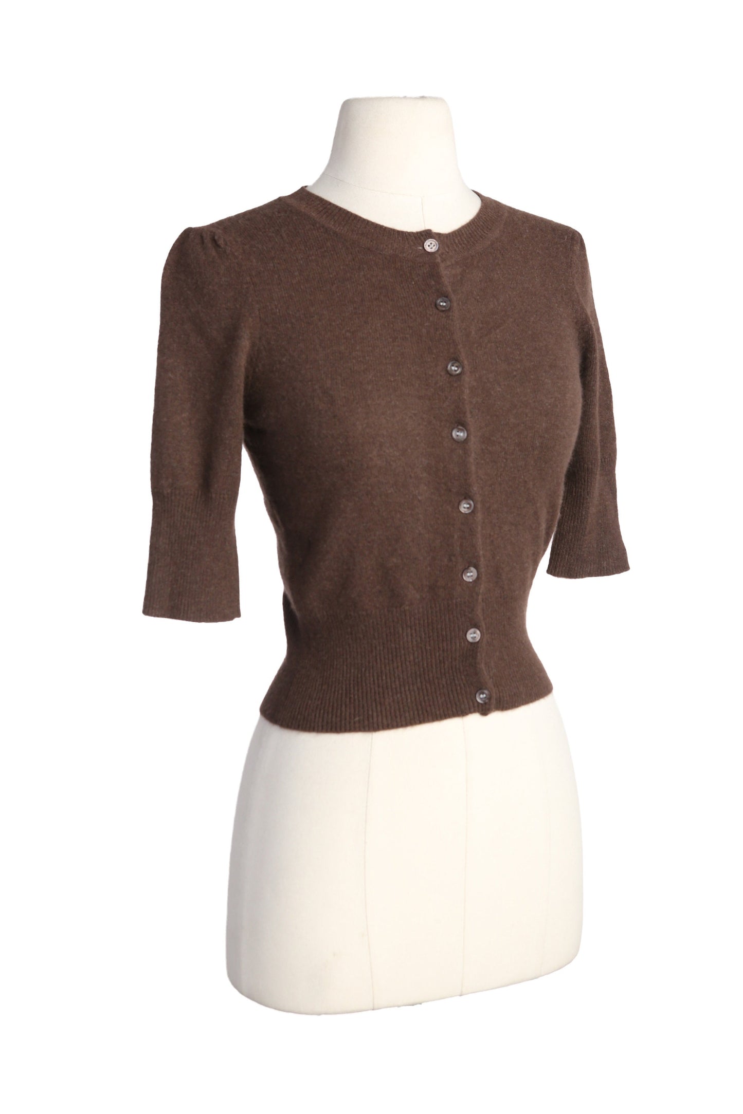 Women's Brown 3/4 Sleeve Cardigan Crew Neck Cashmere Sweater