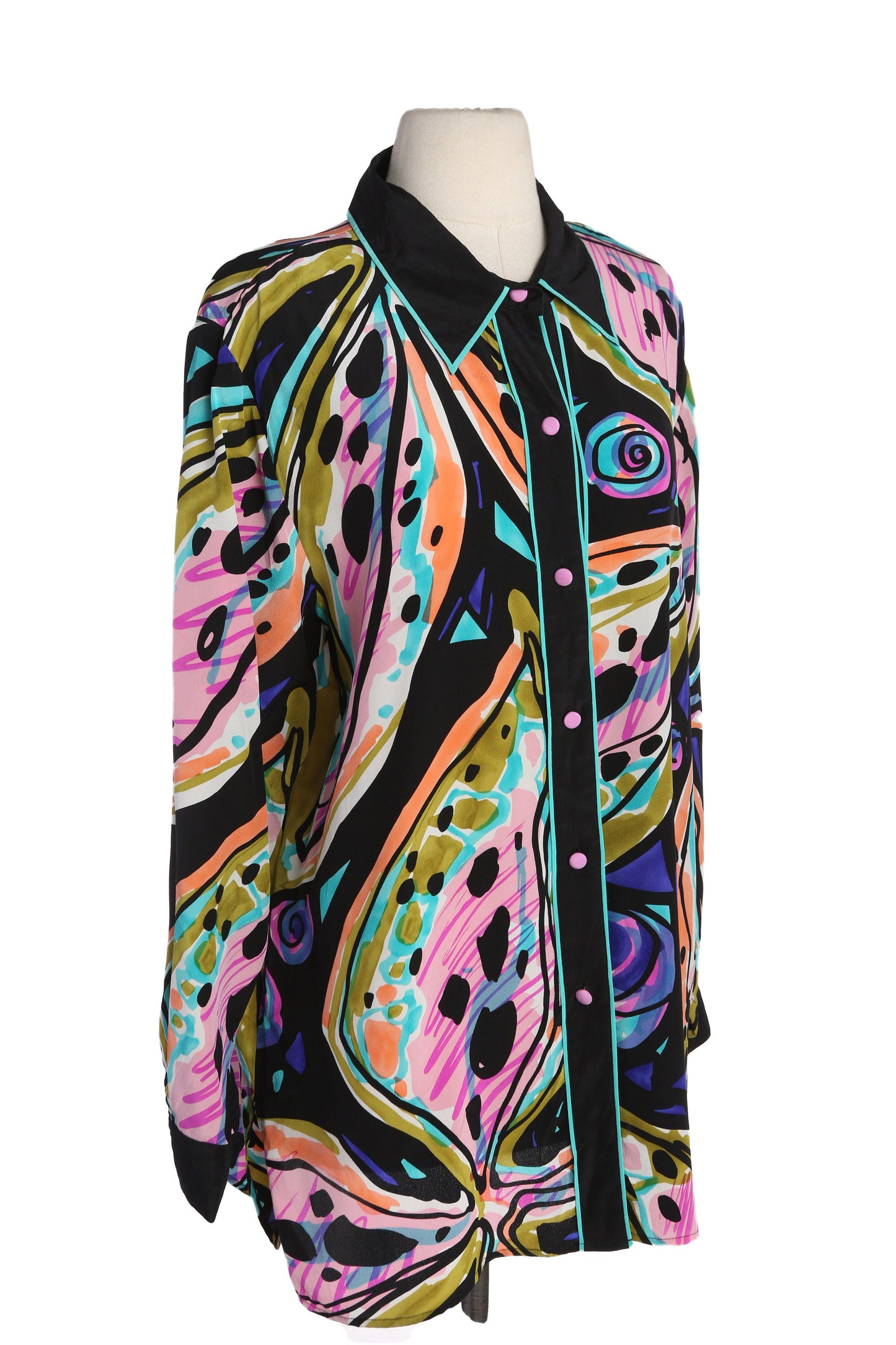 Vintage Women Silk Blouse with Abstract Print by Bob Mackie - Estimated Era 1980's - 1990's