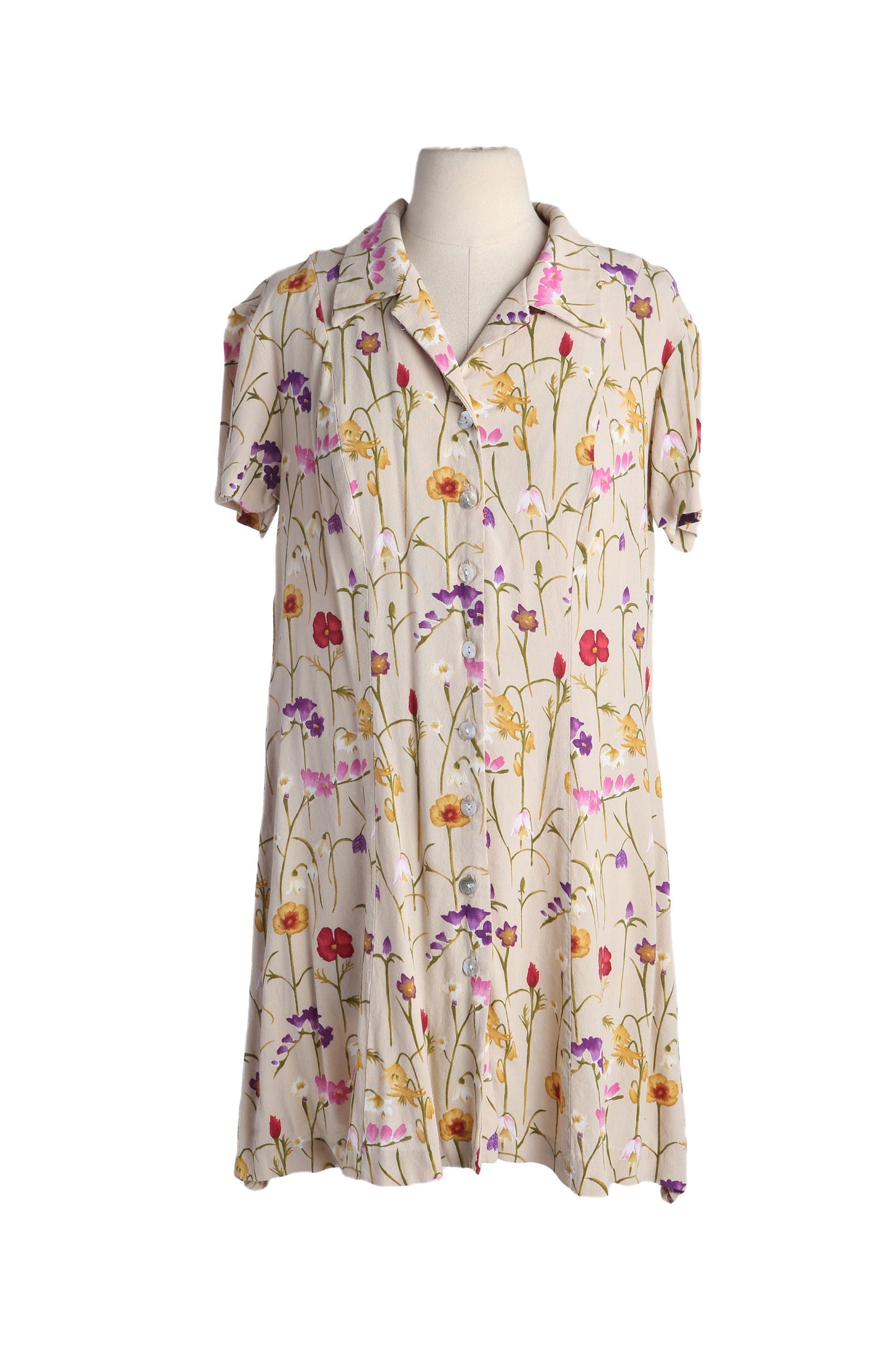 90s Women Beige Floral Print Summer Dress - Made in USA -