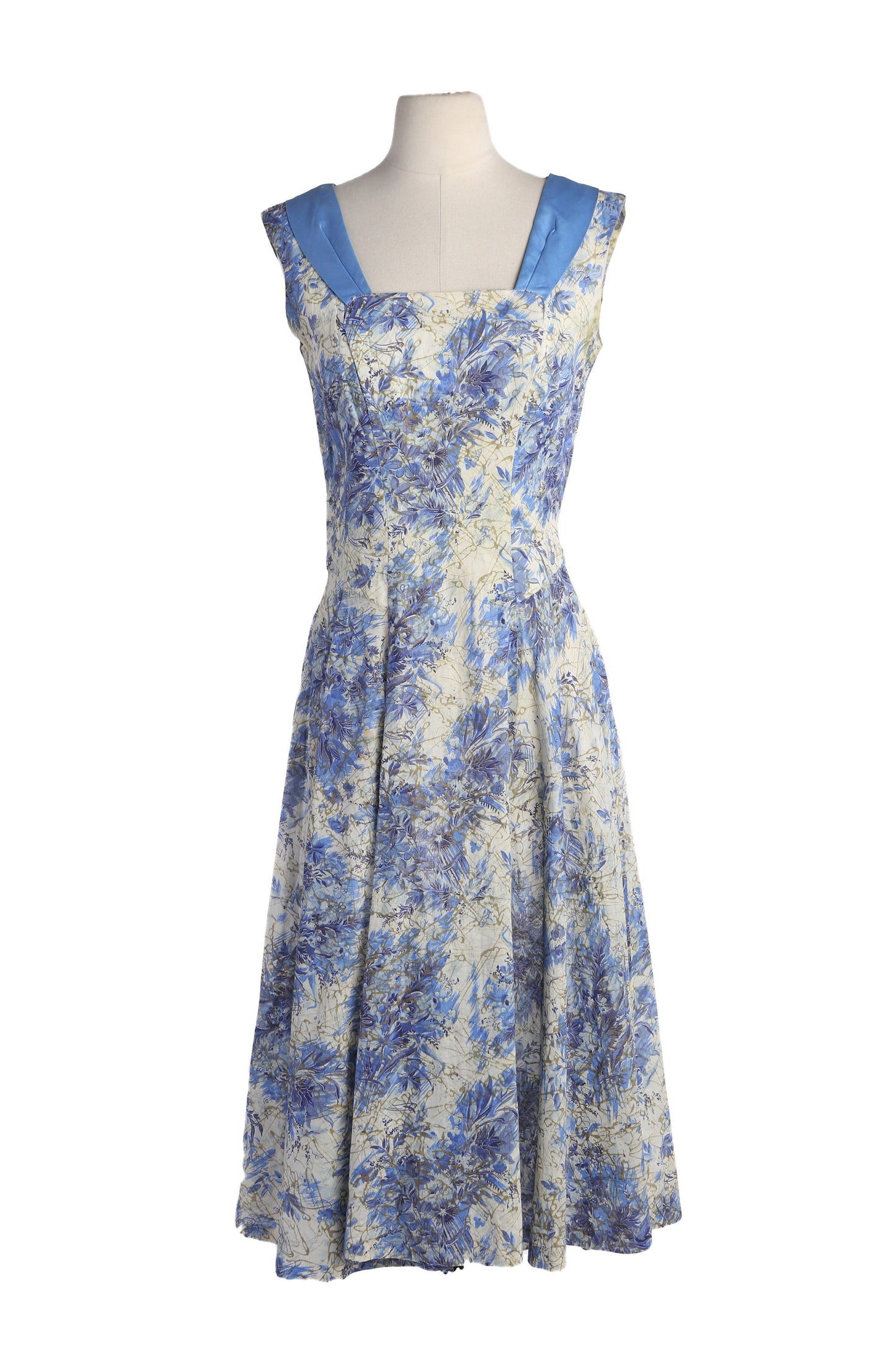 50s Women Floral Print Blue Summer Dress