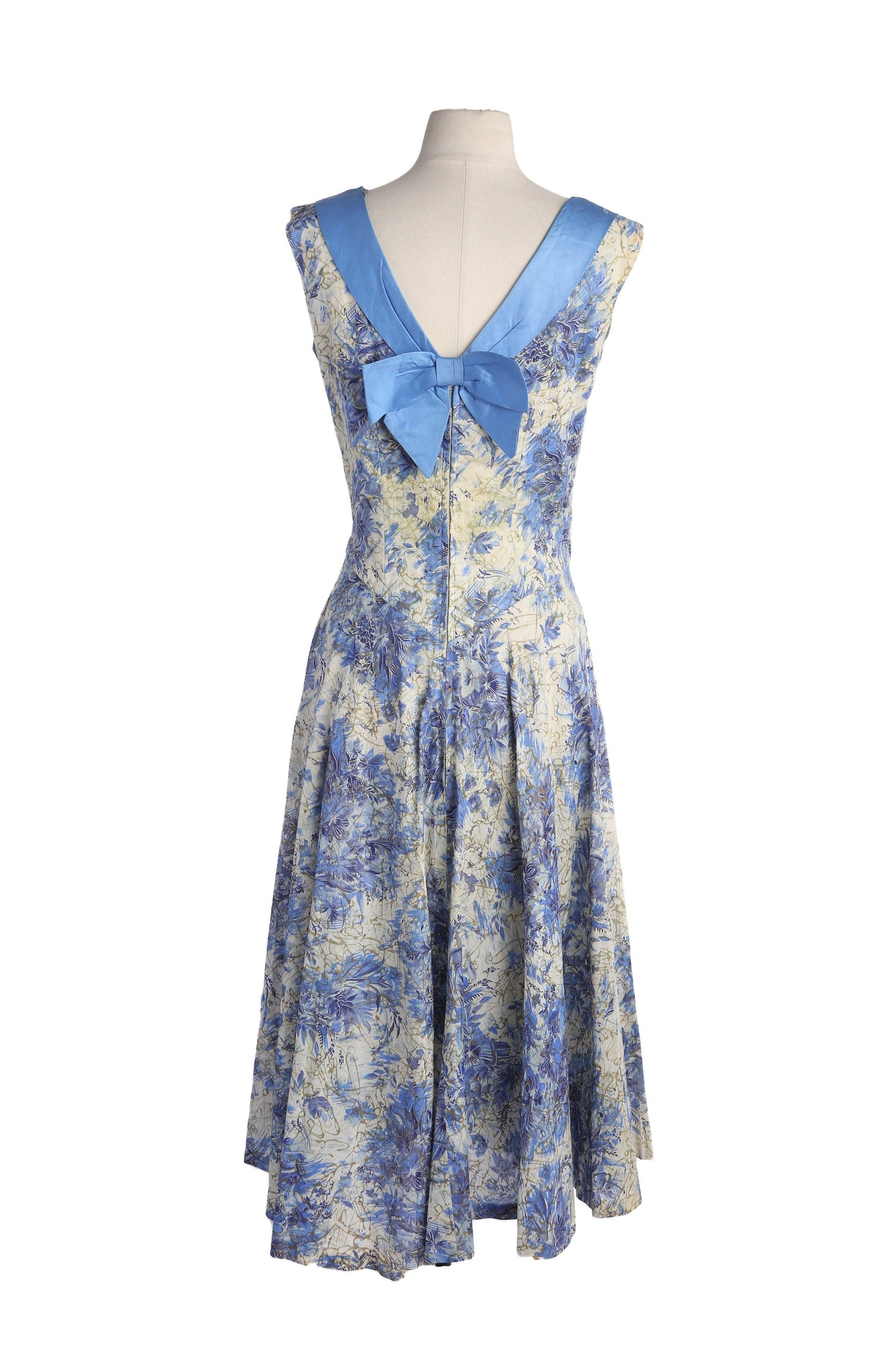50s Women Floral Print Blue Summer Dress