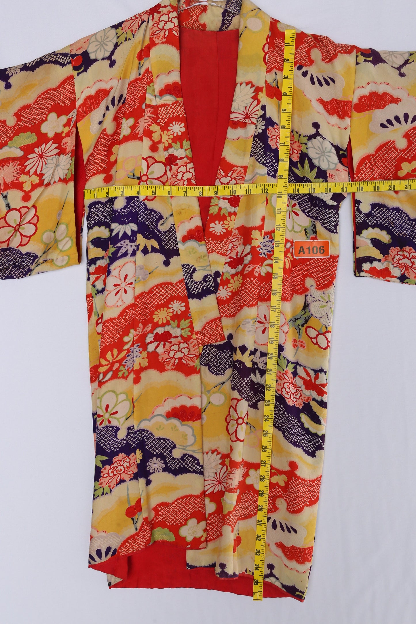 Vintage Red Kimono Robe with Floral Print Pattern