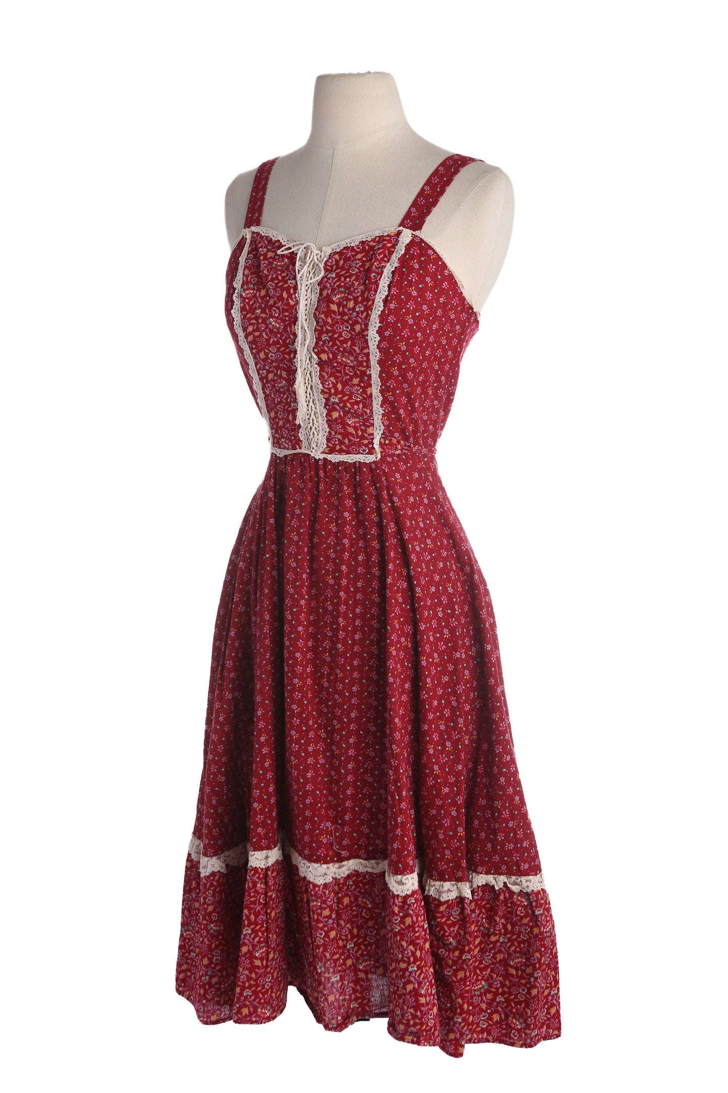 Vintage Women's Red Floral Print Prairie Cotton Dress - Estimated Era 1970's - 1980's