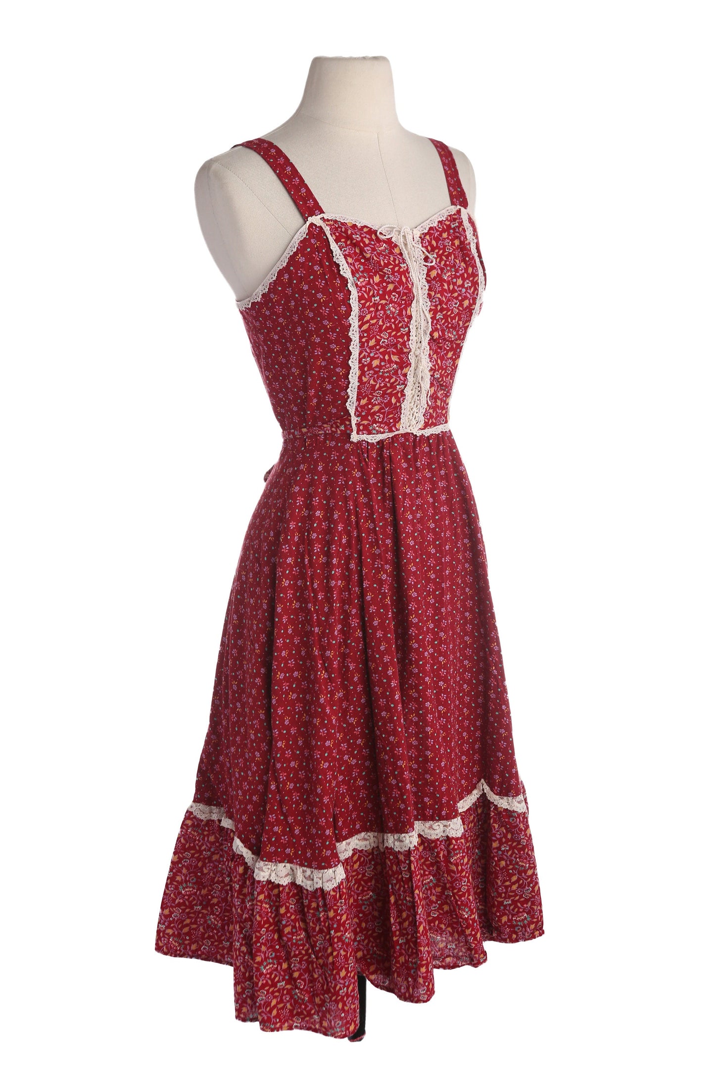 Vintage Women's Red Floral Print Prairie Cotton Dress - Estimated Era 1970's - 1980's