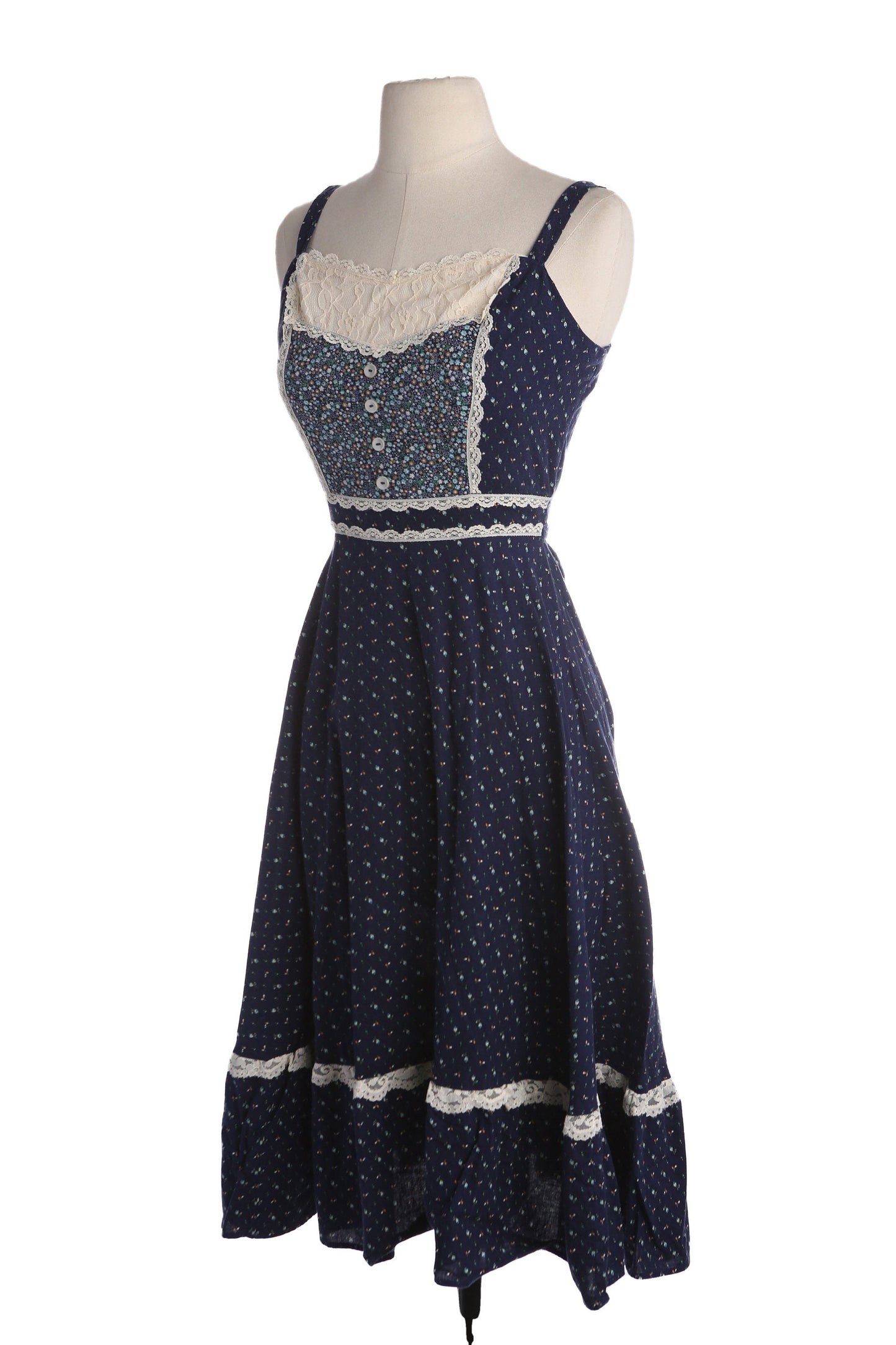 Vintage Blue Floral Print Cotton Prairie Dress - Estimated Era 1970's - 1980's