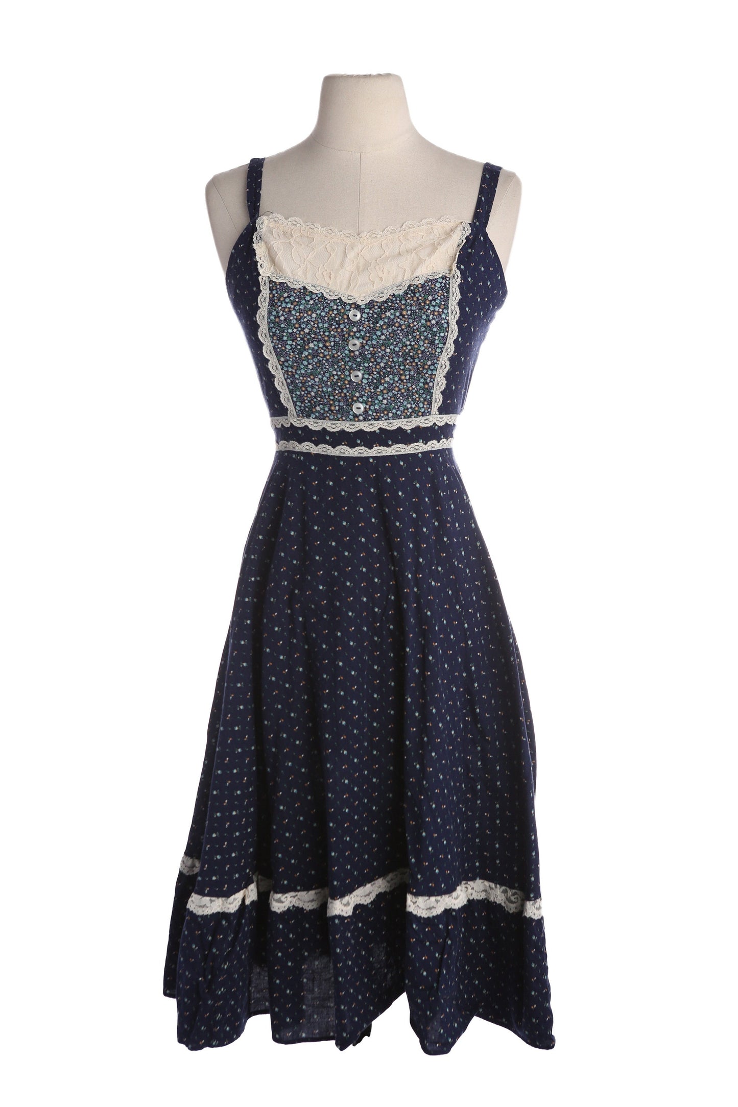 Vintage Blue Floral Print Cotton Prairie Dress - Estimated Era 1970's - 1980's