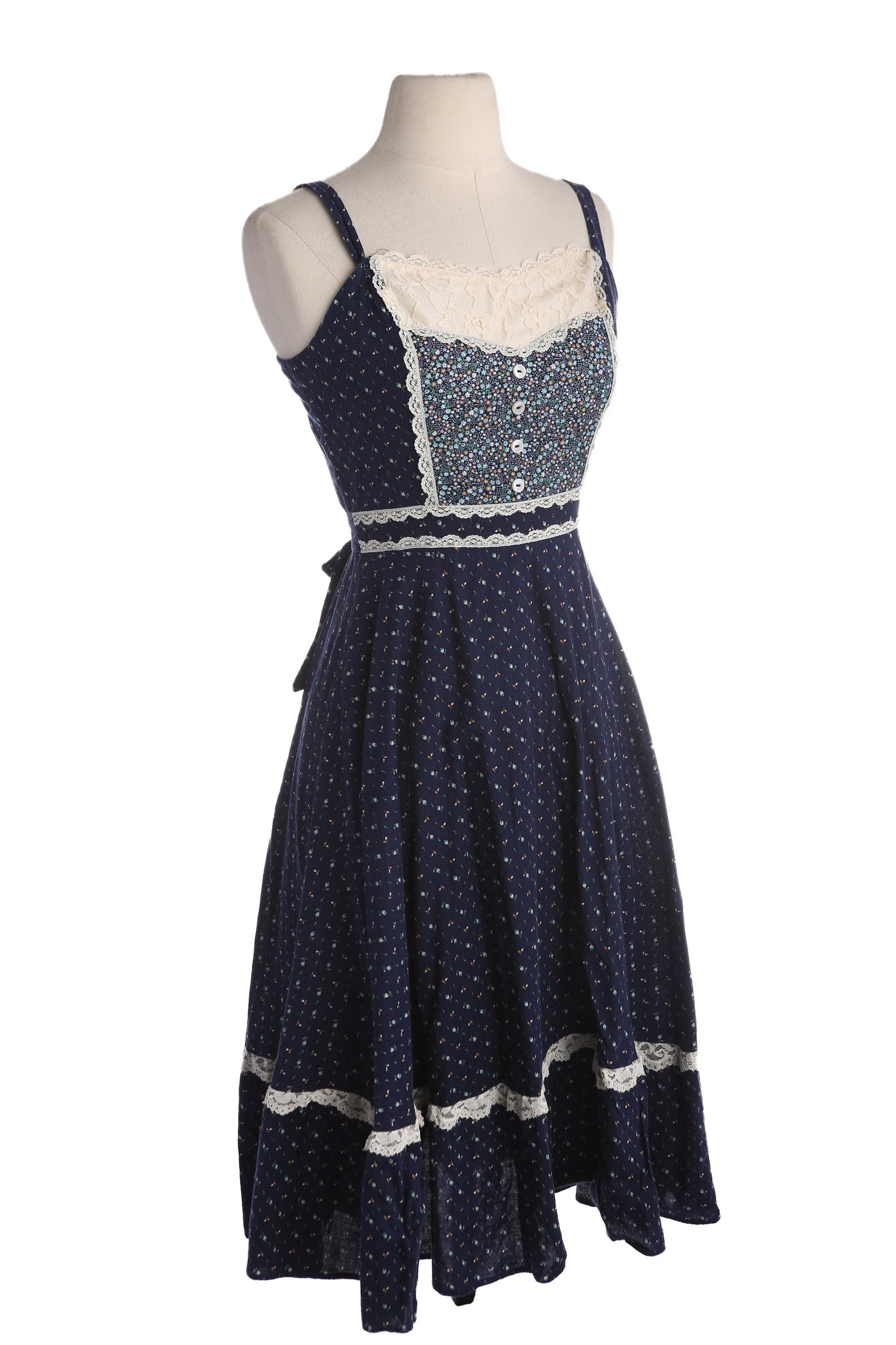 Vintage Blue Floral Print Cotton Prairie Dress - Estimated Era 1970's - 1980's