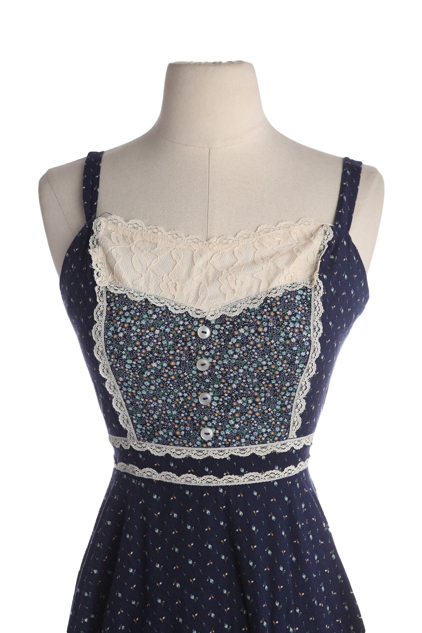 Vintage Blue Floral Print Cotton Prairie Dress - Estimated Era 1970's - 1980's