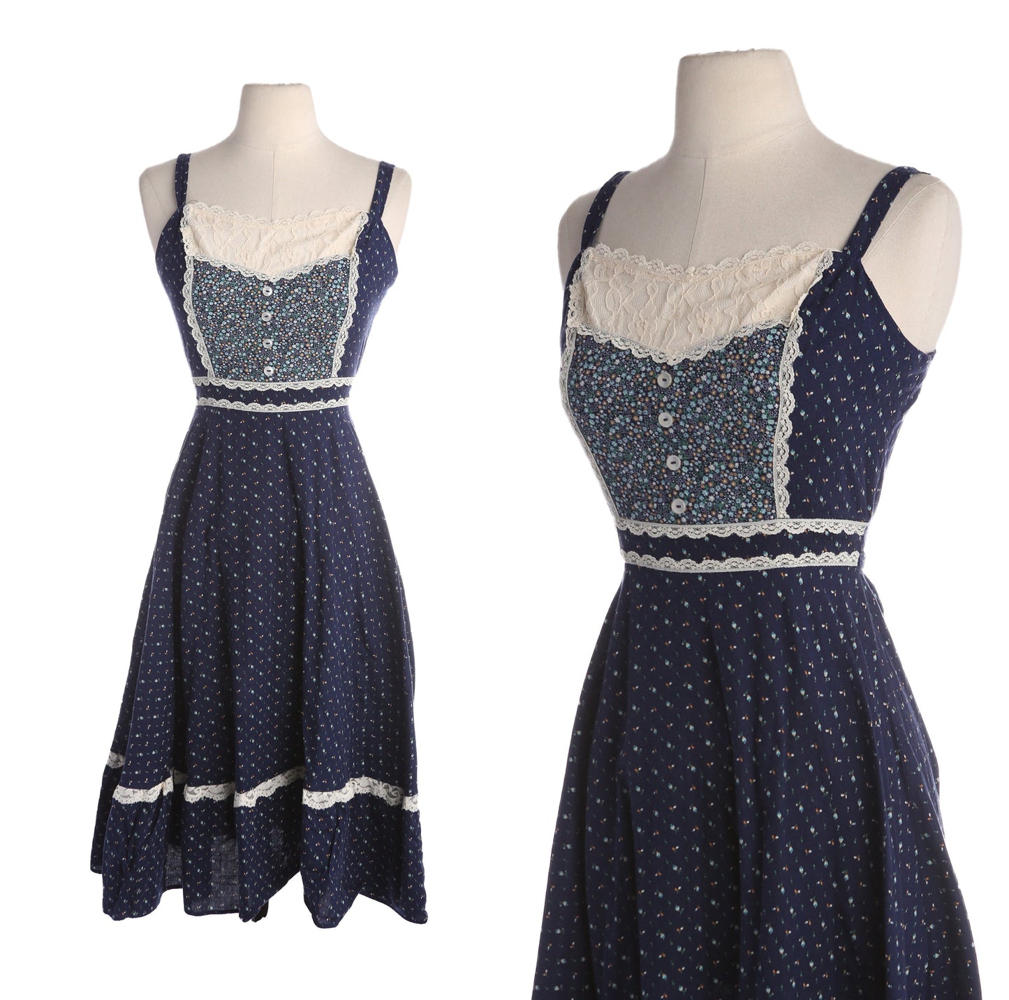 Vintage Blue Floral Print Cotton Prairie Dress - Estimated Era 1970's - 1980's