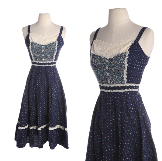Vintage Blue Floral Print Cotton Prairie Dress - Estimated Era 1970's - 1980's
