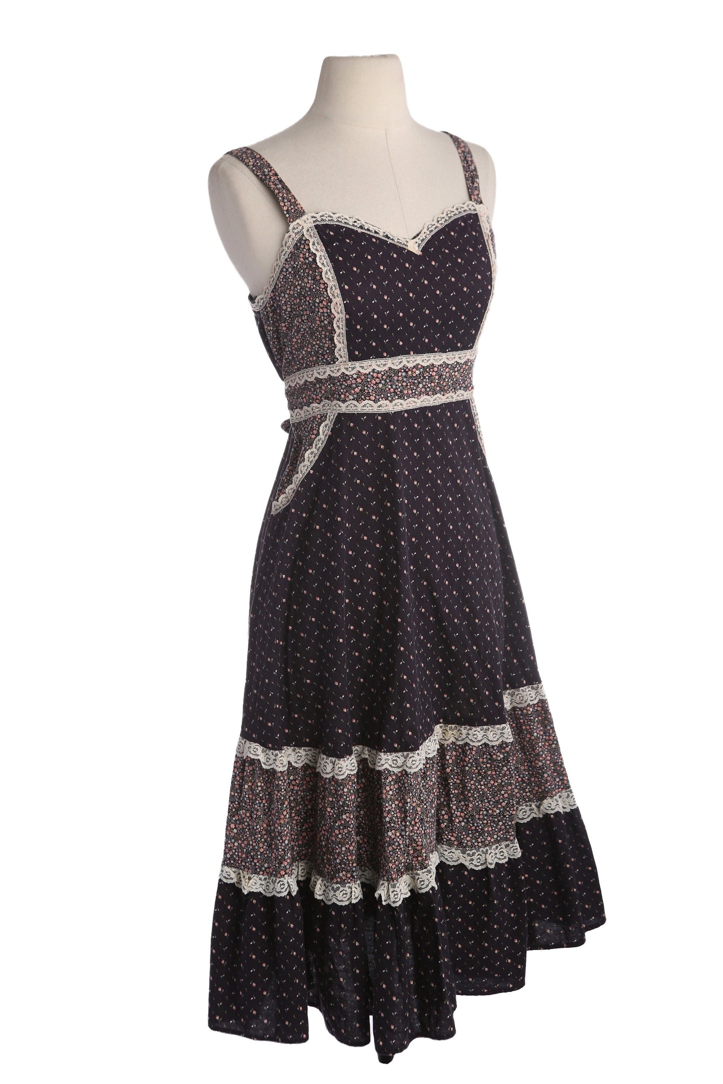 Vintage Black Floral Print Prairie Sleeveless Summer Dress - Estimated Era 1970's - 1980's