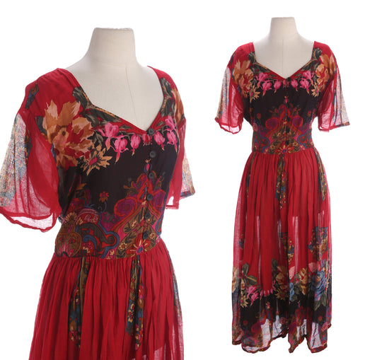 Vintage Women's Floral Print Red Short Sleeve Red Summer Dress - Estimated Era 1980's - 1990's