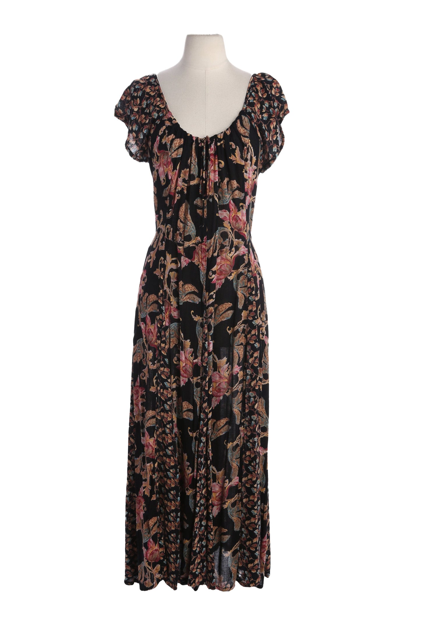 90s Floral Print Black Rayon Short sleeve Summer Dress